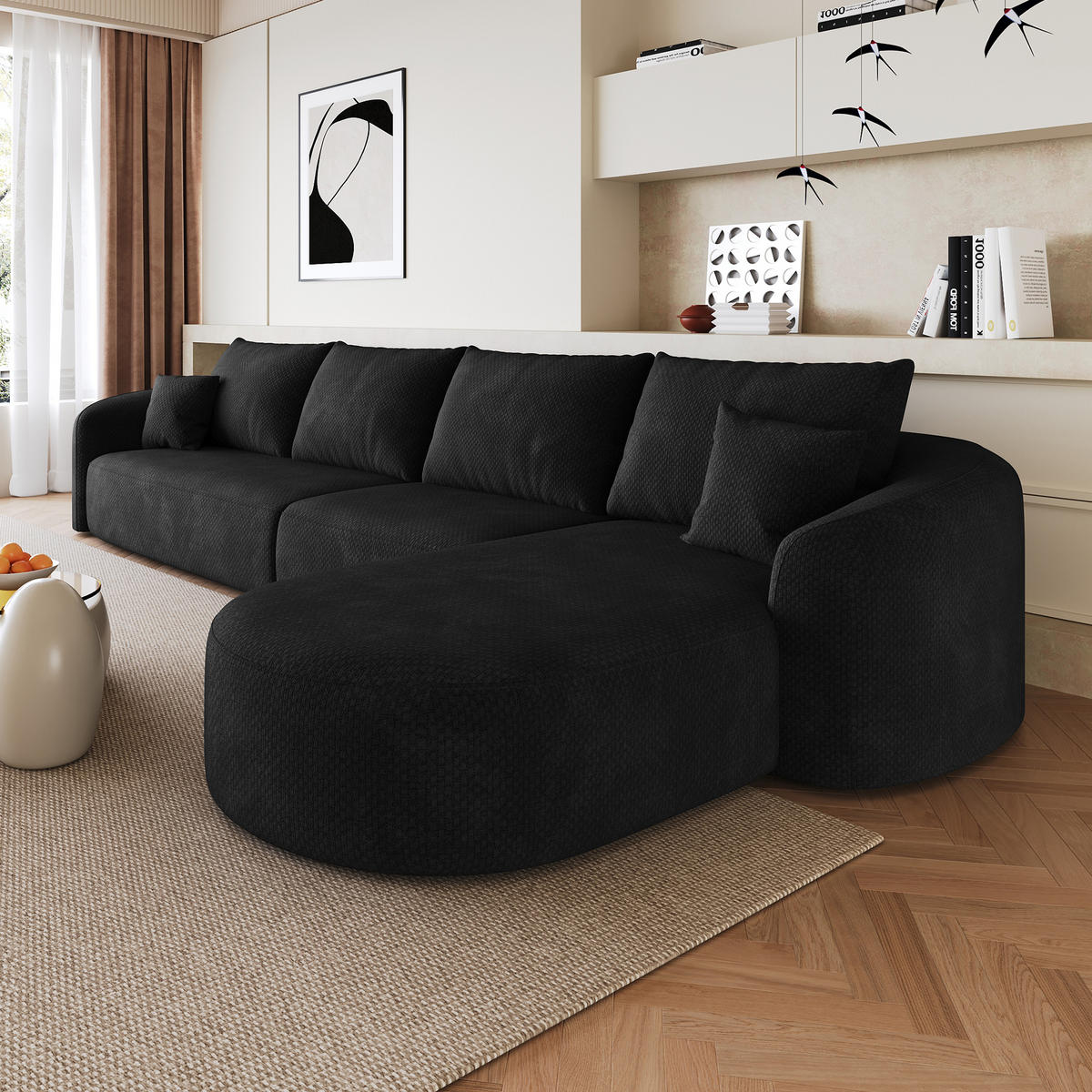 ECKSOFA 336/168/85 cm Schwarz Chenille mit Chaiselongue, Rechte Seite - Schwarz, Textil (336/168cm) - Oxeza