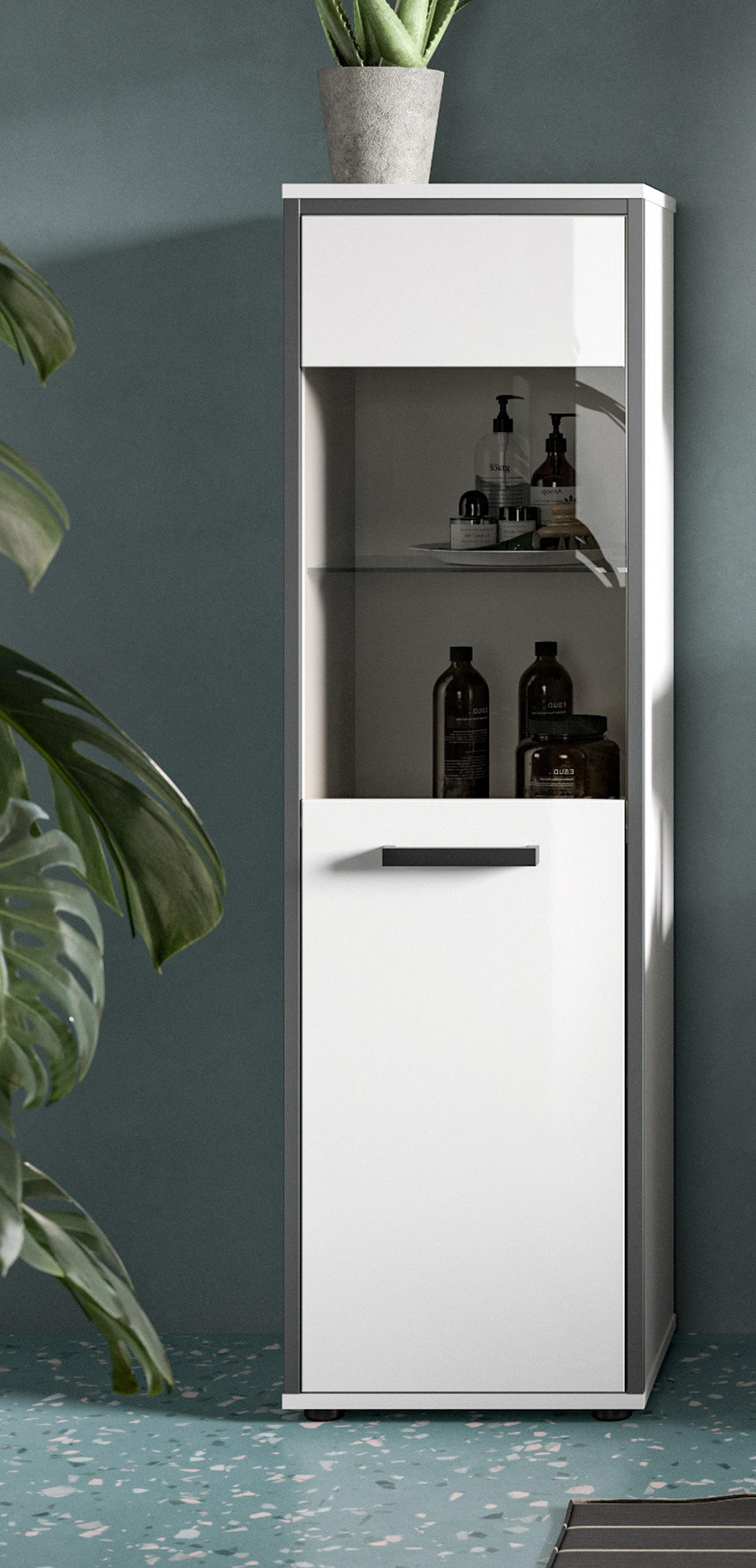 MIDISCHRANK weiß Hochglanz, grau 40 x 139 cm, Badkommode mit wechselbaren Türanschlag - Weiß Hochglanz/Schwarz, Glas/Holzwerkstoff (40/139/34cm) - Inn.Furn