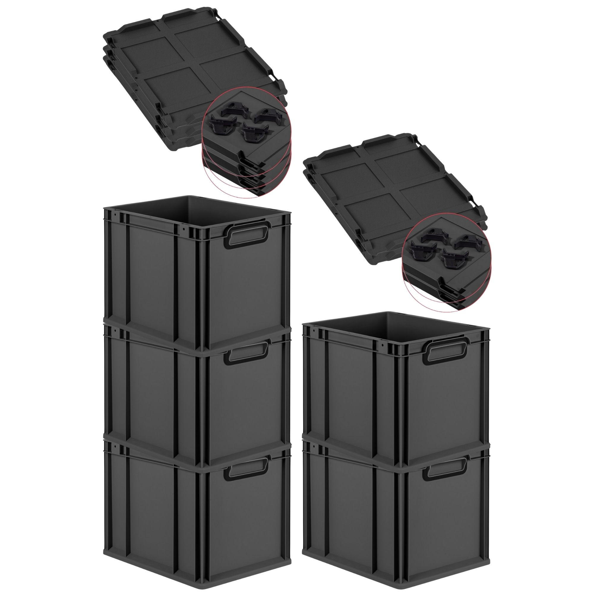 EUROBOX 5x NextGen Color mit Auflagedeckel 32x30x40 cm 30 Liter Schwarz Griffe schwarz zu - Anthrazit/Schwarz, Kunststoff (30/32/40cm) - PROREGAL