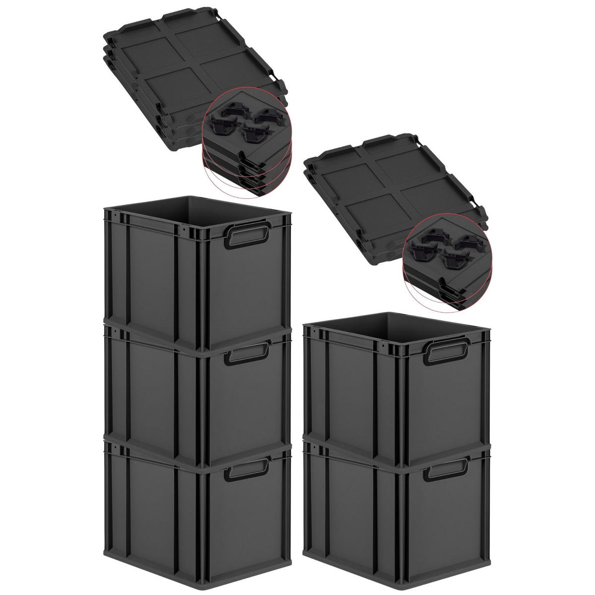 EUROBOX 5x NextGen Color mit Auflagedeckel 32x30x40 cm 30 Liter Schwarz Griffe schwarz zu - Anthrazit/Schwarz, Kunststoff (30/32/40cm) - PROREGAL