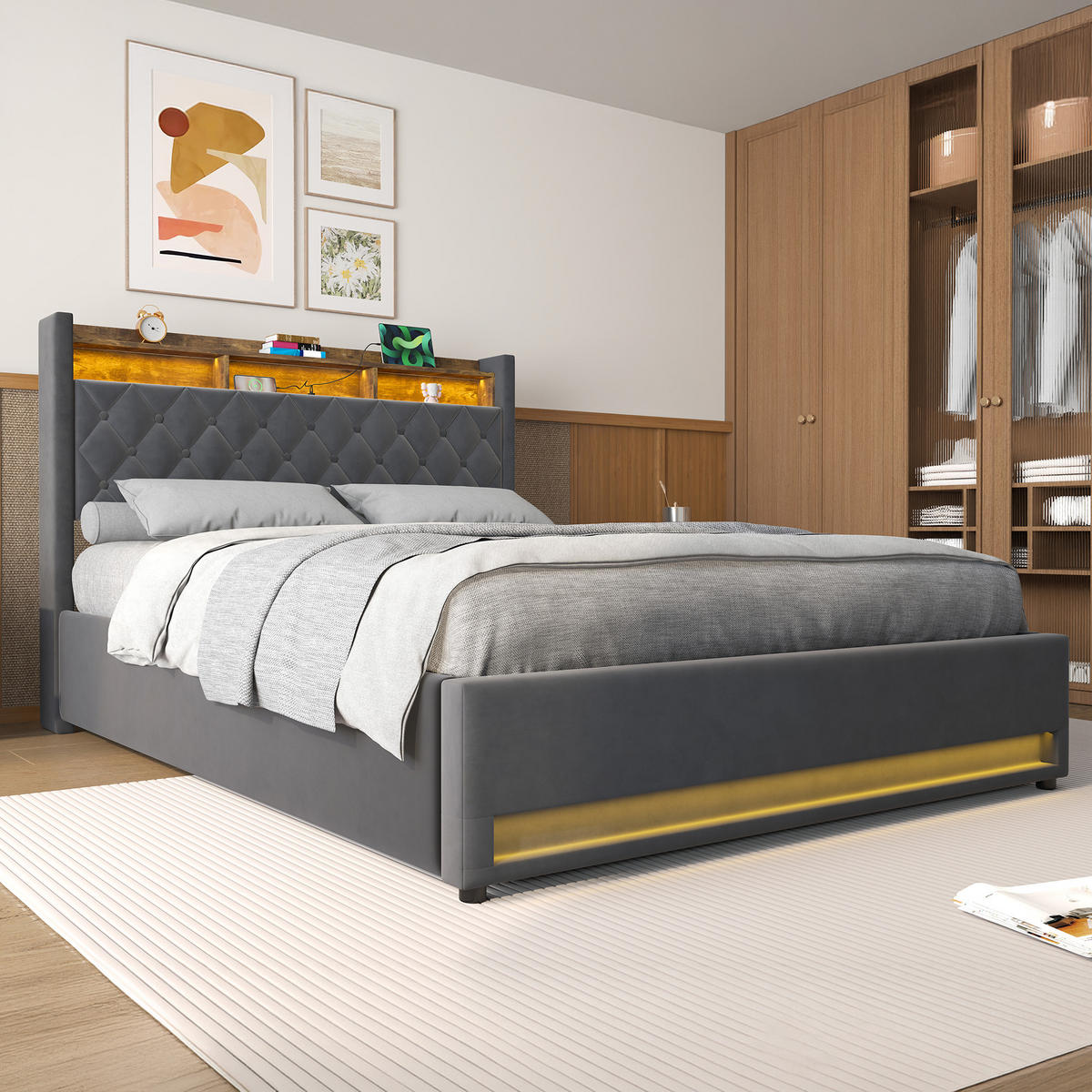 POLSTERBETT 160/200 cm in Grau, Samt, mit Matratze, Bettkasten, USB und LED - Grau, Holzwerkstoff/Textil (160/200cm) - WISHDOR
