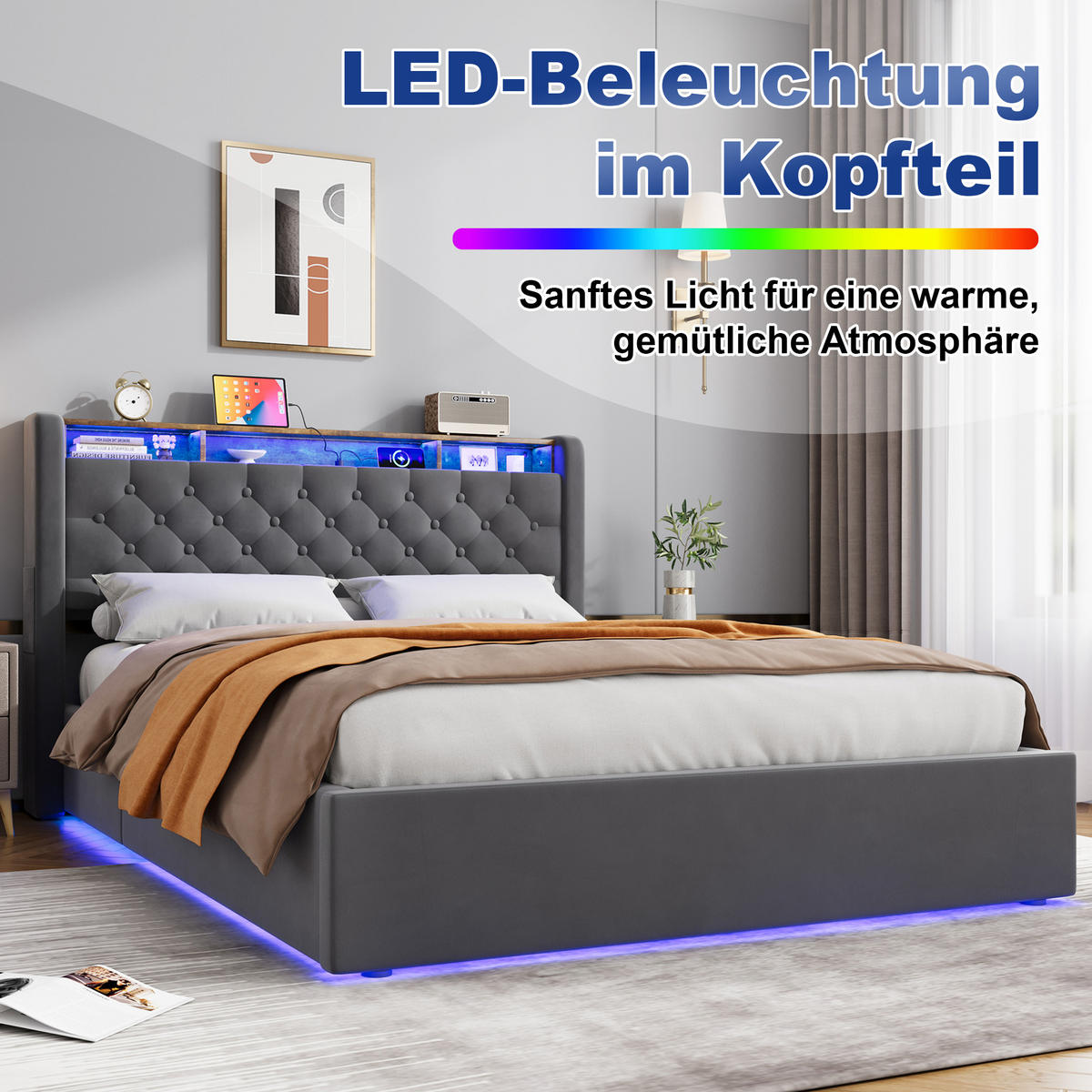 POLSTERBETT 140/190 cm mit hydraulischem Bettkasten, Schubladen, Klappbares Kopfteil, LED-Beleuchtung, Grau - Grau, Textil (140/190cm) - Redom