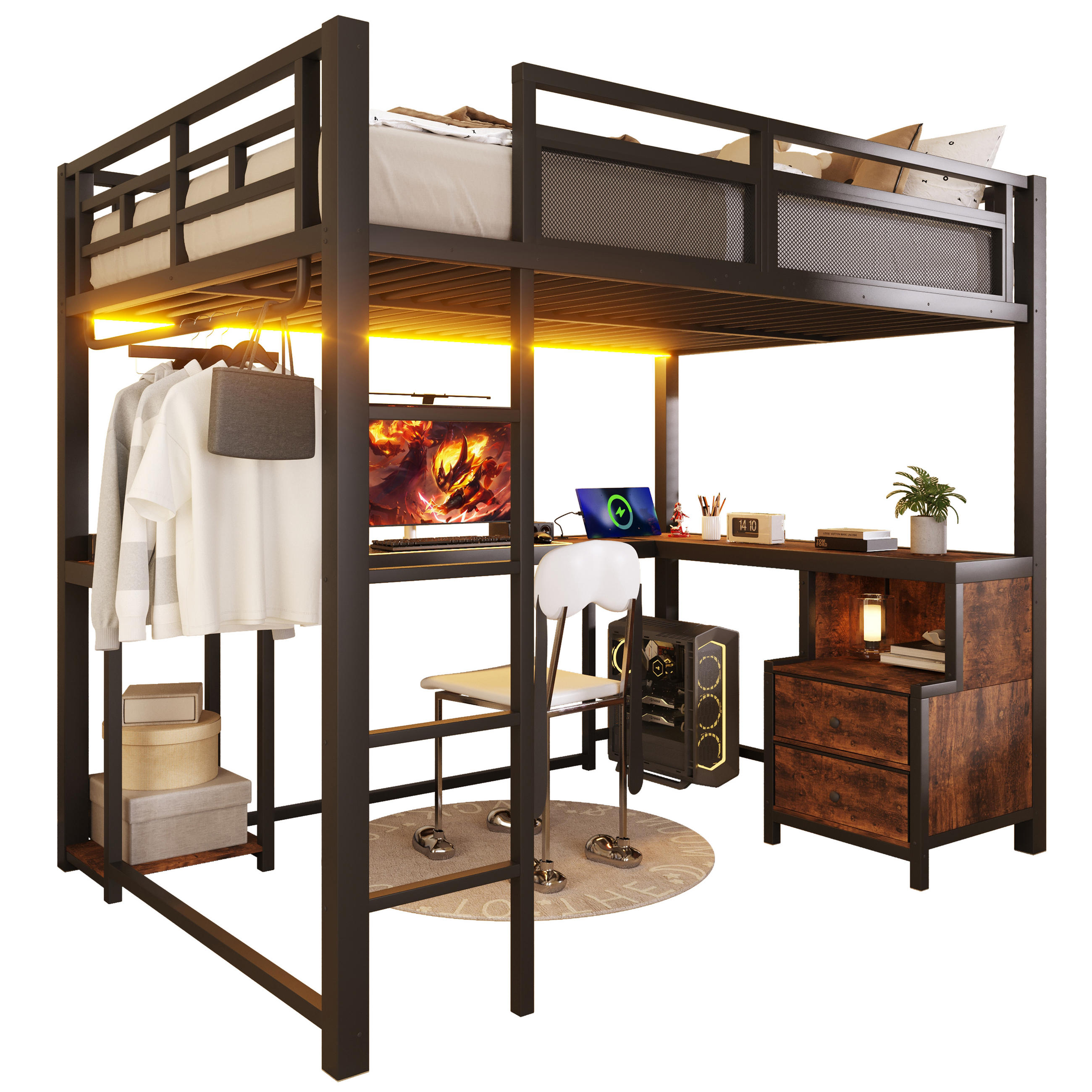 HOCHBETT 140/200 cm in Schwarz Metall und Holz mit LED, USB, Schreibtisch und Ablagefächern - Schwarz, Holzwerkstoff/Metall (140/200cm) - WISHDOR
