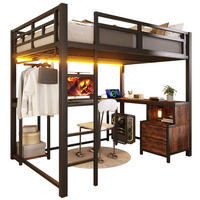 HOCHBETT 140/200 cm in Schwarz Metall und Holz mit LED, USB, Schreibtisch und Ablagefächern - Schwarz, Holzwerkstoff/Metall (140/200cm) - WISHDOR