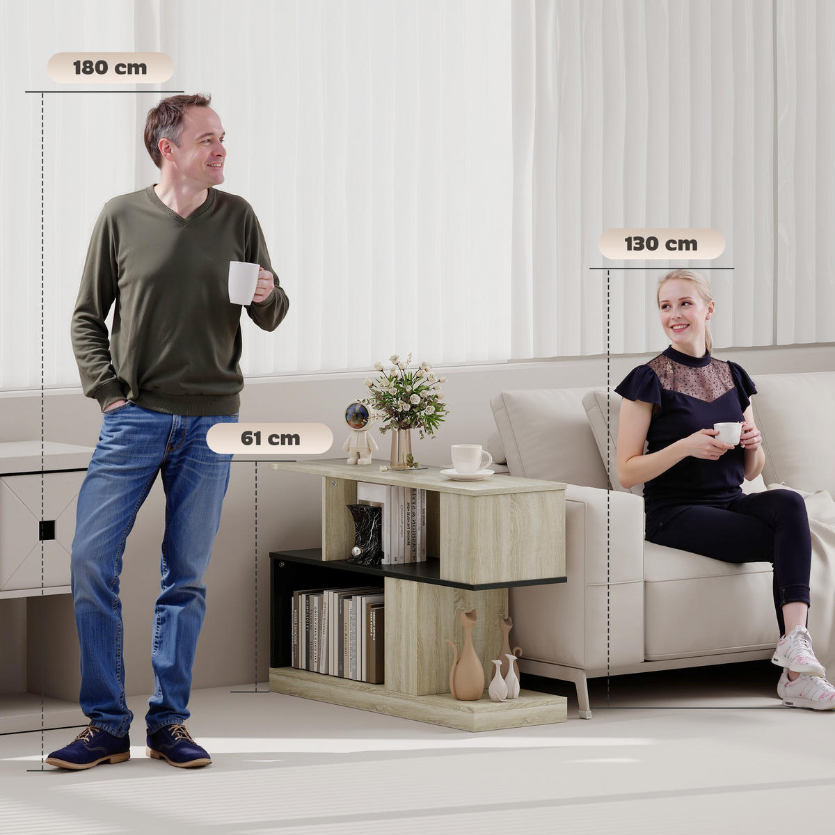 BEISTELLTISCH DE-15786 S-Form mit 3 Ebenen Naturholz - Naturfarben, Holzwerkstoff (90/30/61cm) - ComfortXL
