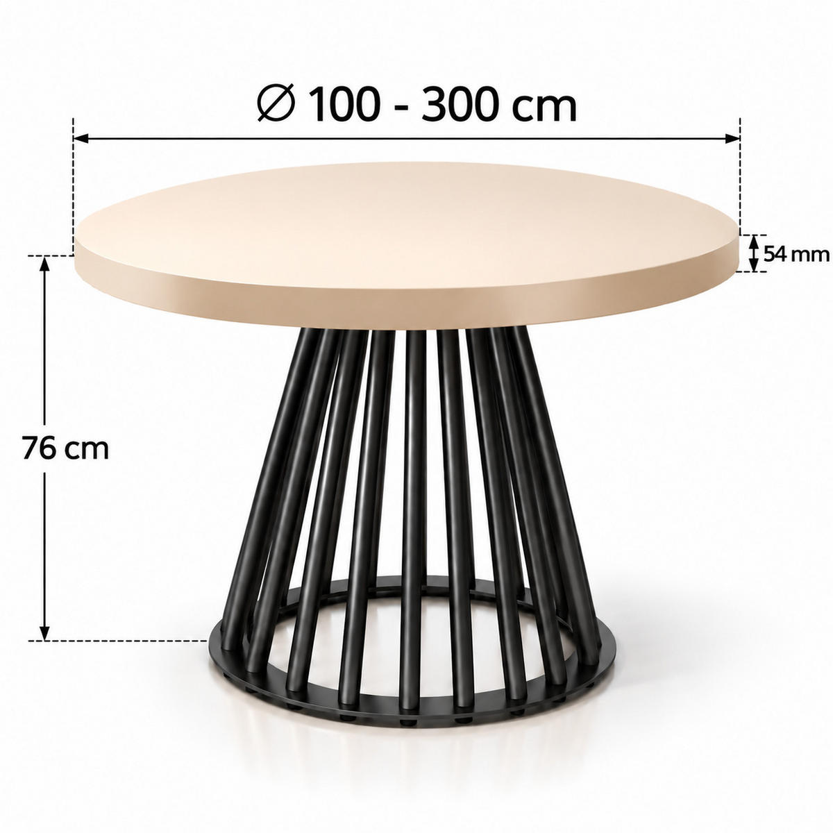 ESSTISCH rund ausziehbar 100/300/76 cm, Kaschmir, 54 cm Tischplatte + Lamellen-Metallgestell Schwarz - Kaschmir/Schwarz, Holzwerkstoff/Metall (100/300/76cm) - Damale Möbel