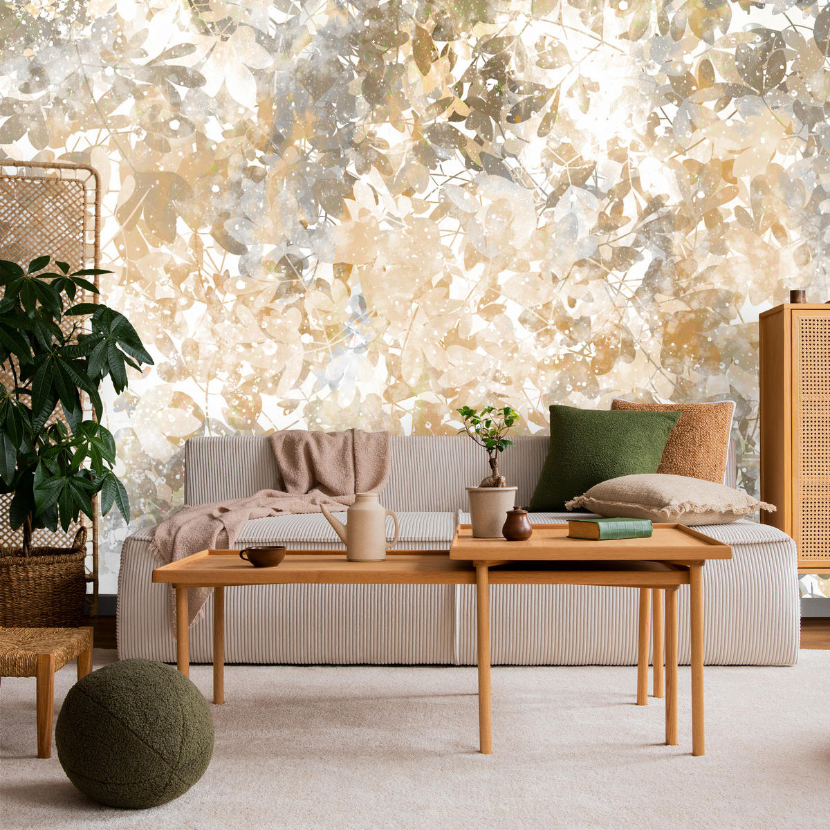 FOTOTAPETE für Wohnzimmer Blätter Abstraktion 300x210 - Beige/Orange, Papier (300/210cm) - Muralo