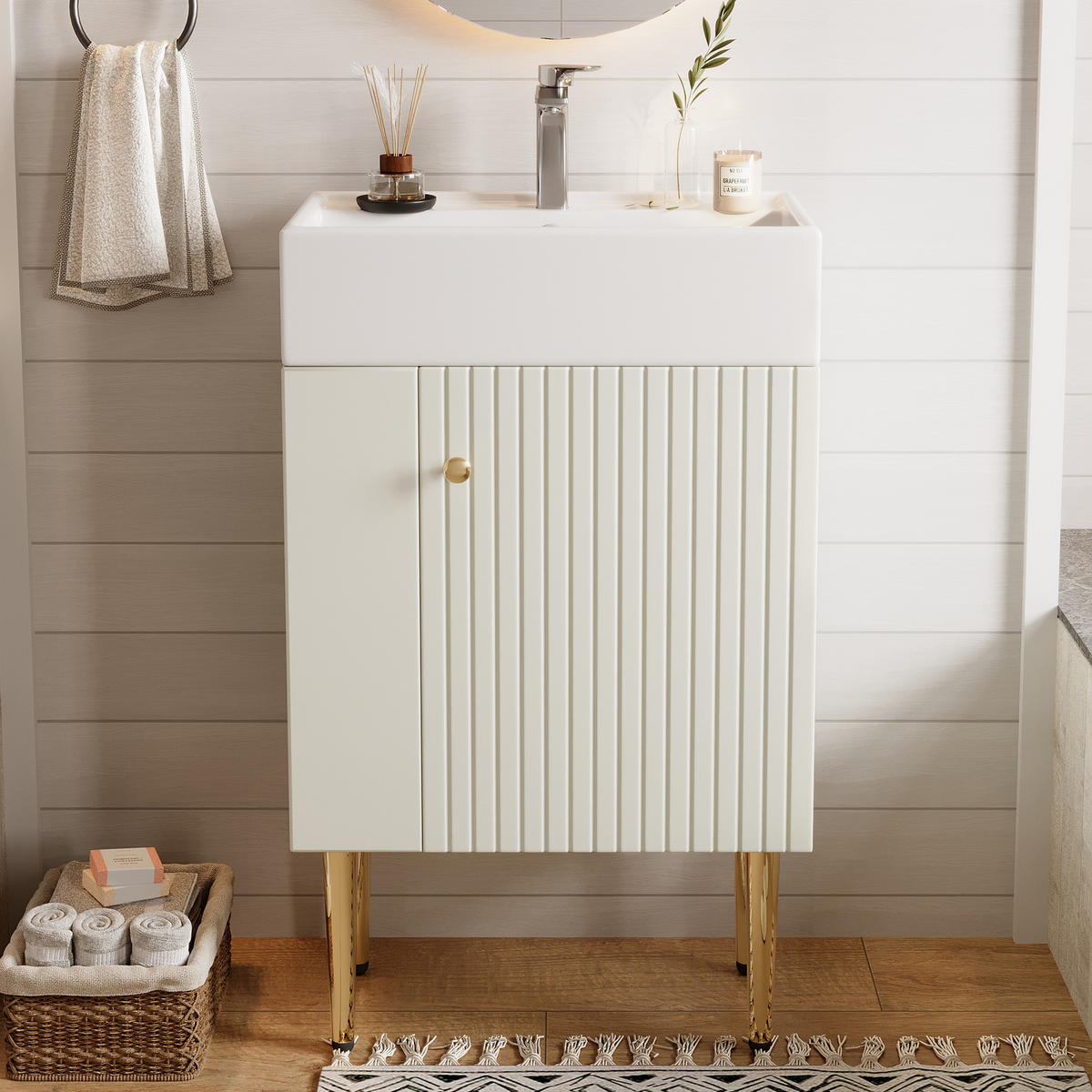 WASCHTISCHKOMBI 55x31x91.5cm in Weiß mit Hochglanz-Keramikbecken - Weiß, Holzwerkstoff (55/91.5/31cm) - Modfu