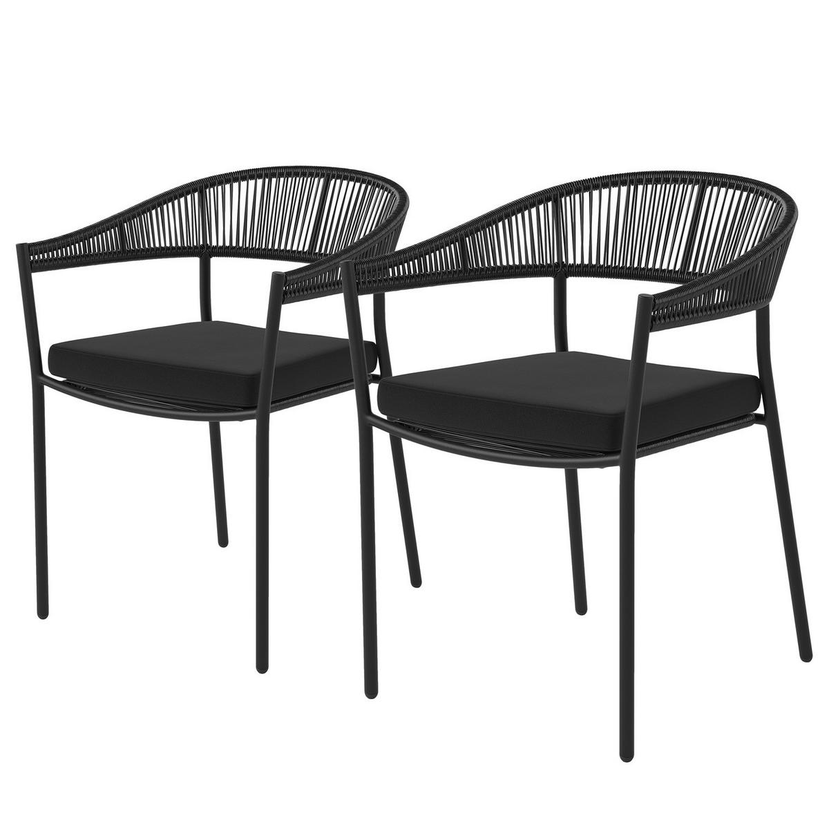 STAPELSTUHL - Stahl / Polyrattan - Schwarz - 2er-Set - Schwarz, Naturmaterialien/Textil (55/76/58cm) - home24