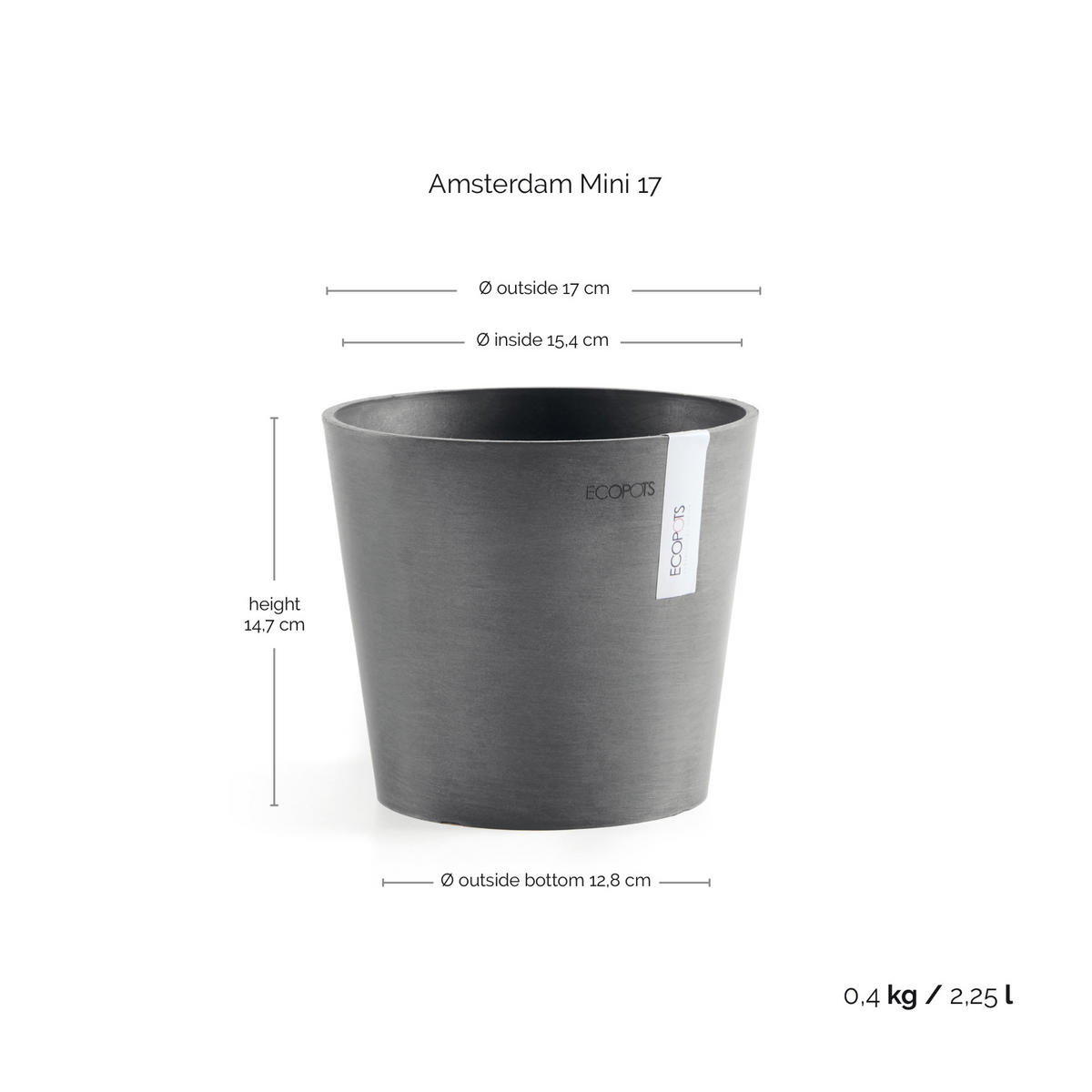 BLUMENTOPF Amsterdam 17/14,7 cm Grau - Grau, Kunststoff (17/14.7cm) - Ecopots