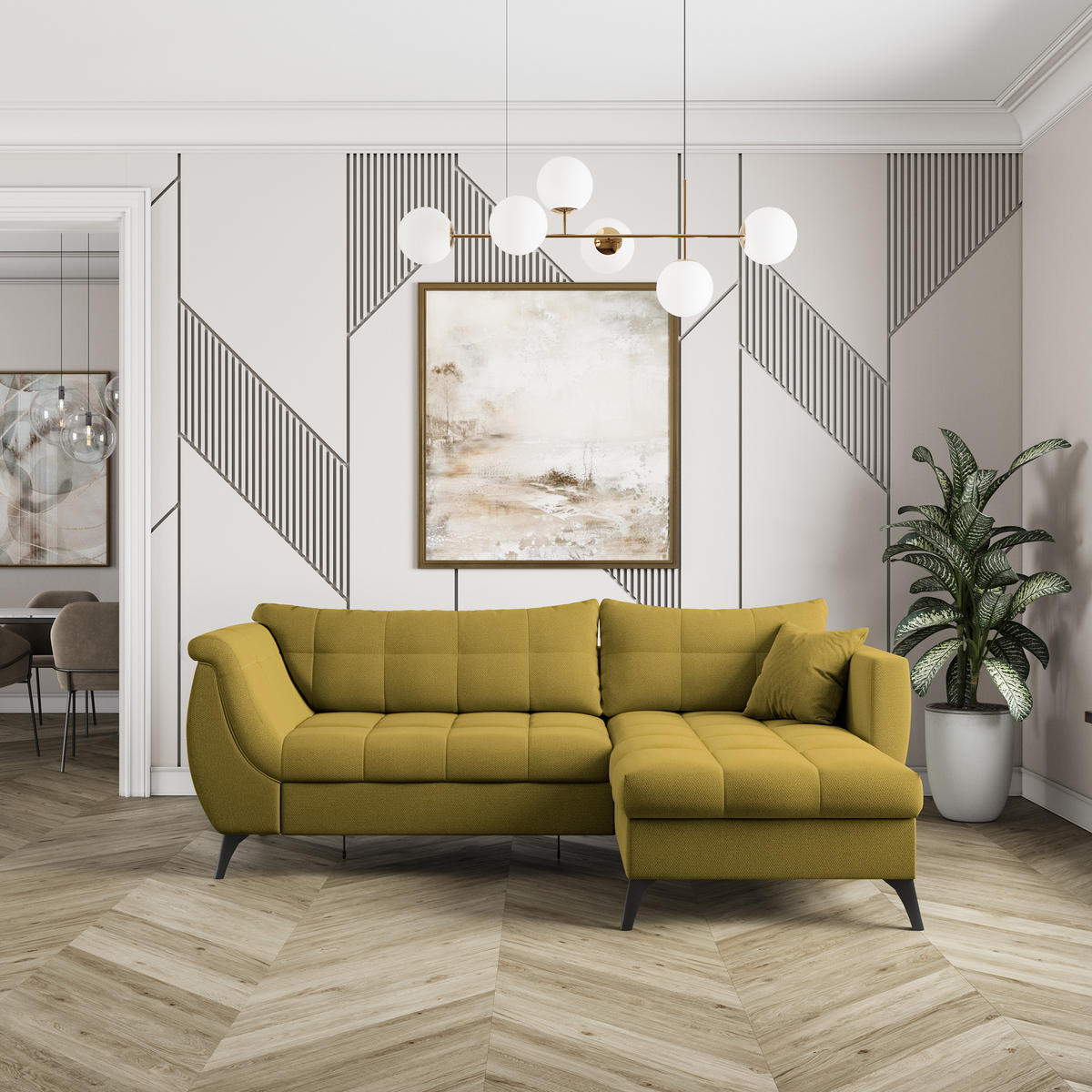 ECKSOFA MOLLIS Gelb Geflochtener-Stoff mit Schlaffunktion - Gelb, Holz (241/154cm) - MASSENO