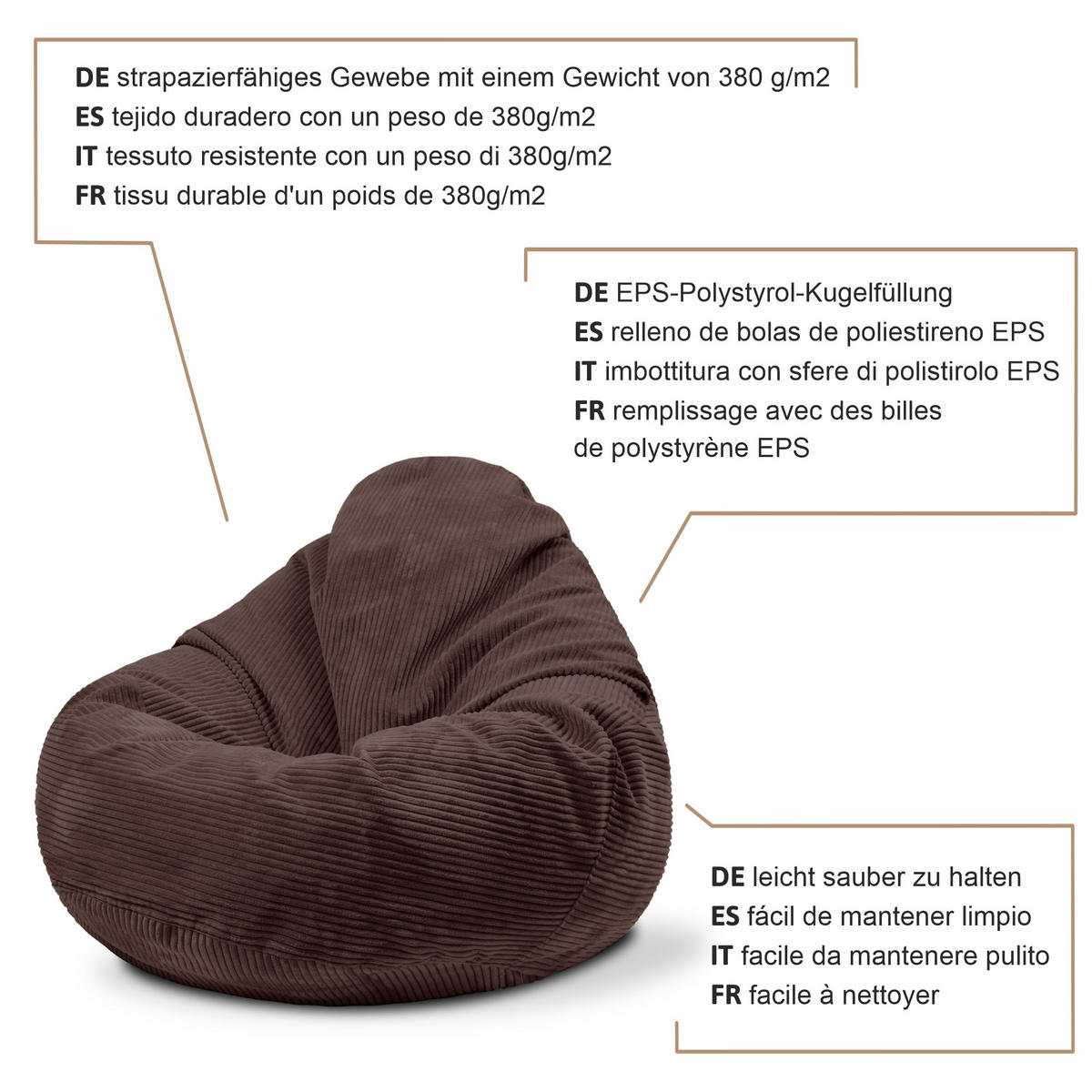SITZSACK PARADISE MIT FUßSTÜTZE Kordsamt 2-tlg Dark Chocolate M - Dunkelbraun/Braun, Textil (90/100/90cm) - Dreamroots