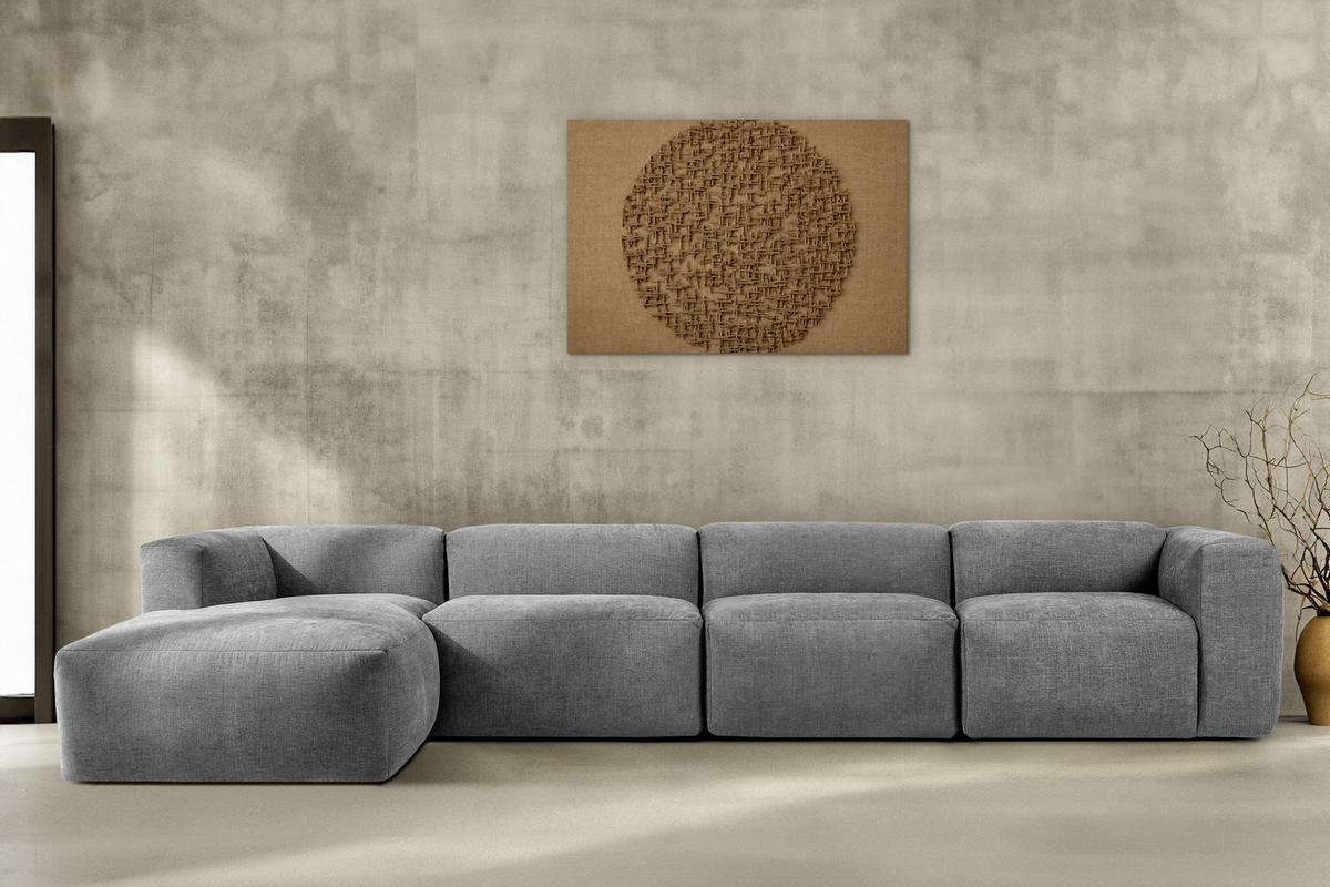 ECKMODULSOFA-LINKS BUFFO 6-Sitzer mit extrem weicher Sitzfläche, Gewebestoff, hell aschfahl - Hellgrau, Textil (377/180cm) - KONSIMO®