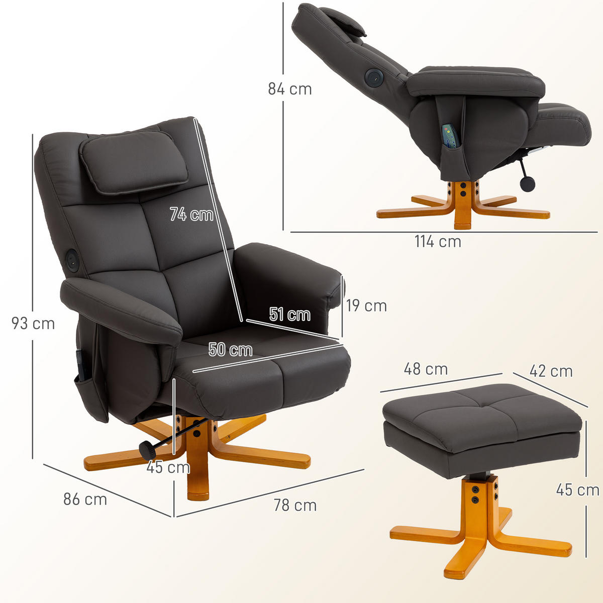 MASSAGESESSEL DE-15432 neigbar mit Staufach und Massage - Braun, Metall (78/93/86cm) - ComfortXL