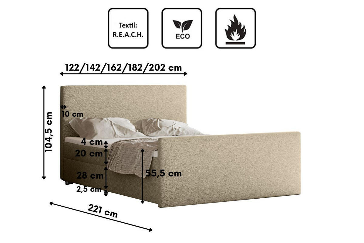 BOXBETT mit Bettkasten Matratze Topper LAGUNE Stoff Loop Beige 200x200 cm H2-Pocket - Beige, Holz/Holzwerkstoff (200/200cm) - Kaiser Möbel