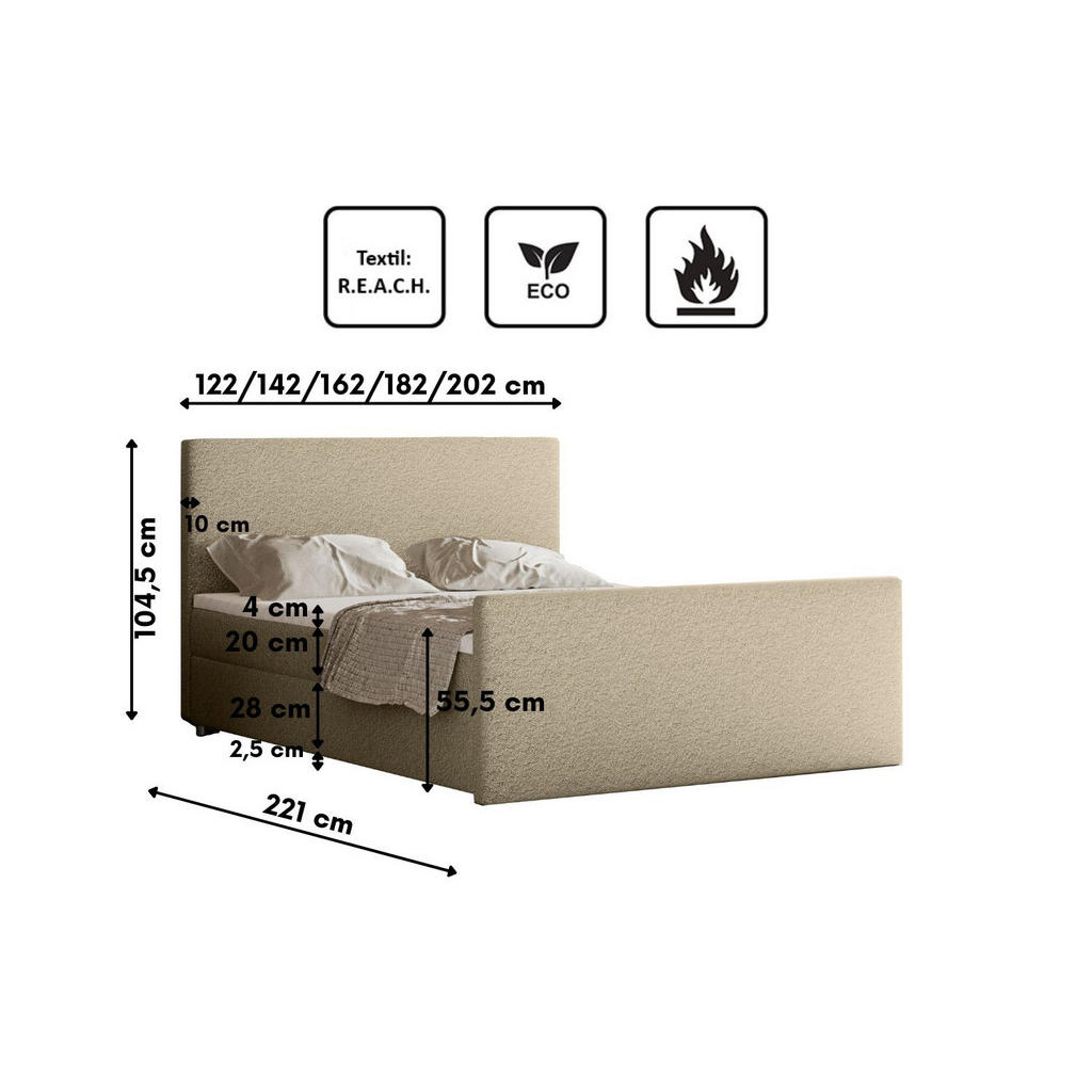 Thumbnail - Kaiser Möbel Boxbett, Beige, Textil, H3, Höhe ca. 20 cm, einmalig seitenverkehrt montierbar,Rechteckig, 140x200 cm, Schl...