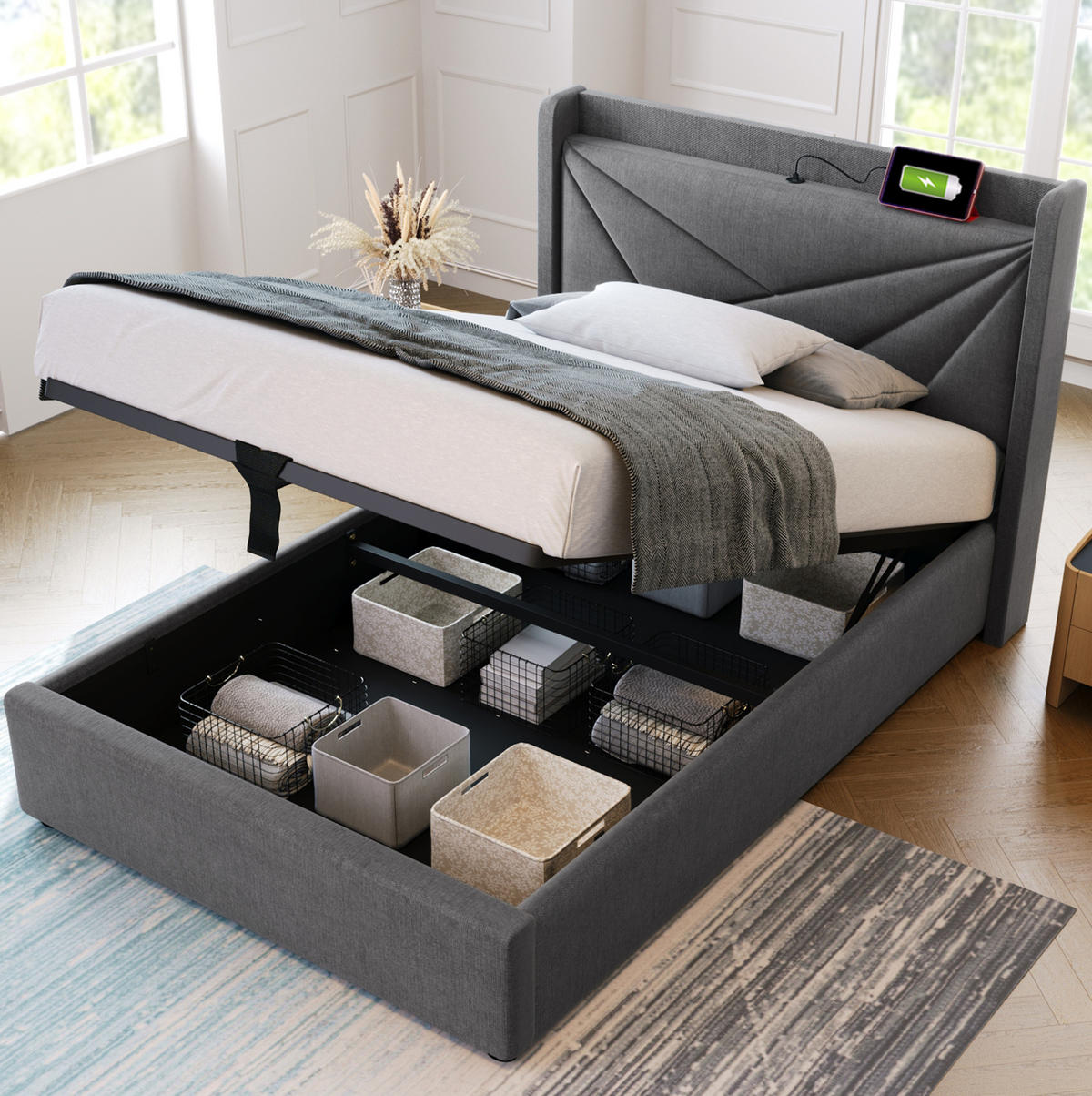 BETT mit Bettkasten und USB/Typ-C 90x200 cm Baumwoll-Leinen Grau inkl. Matratze - Grau, Metall (90/200cm) - Meubliv
