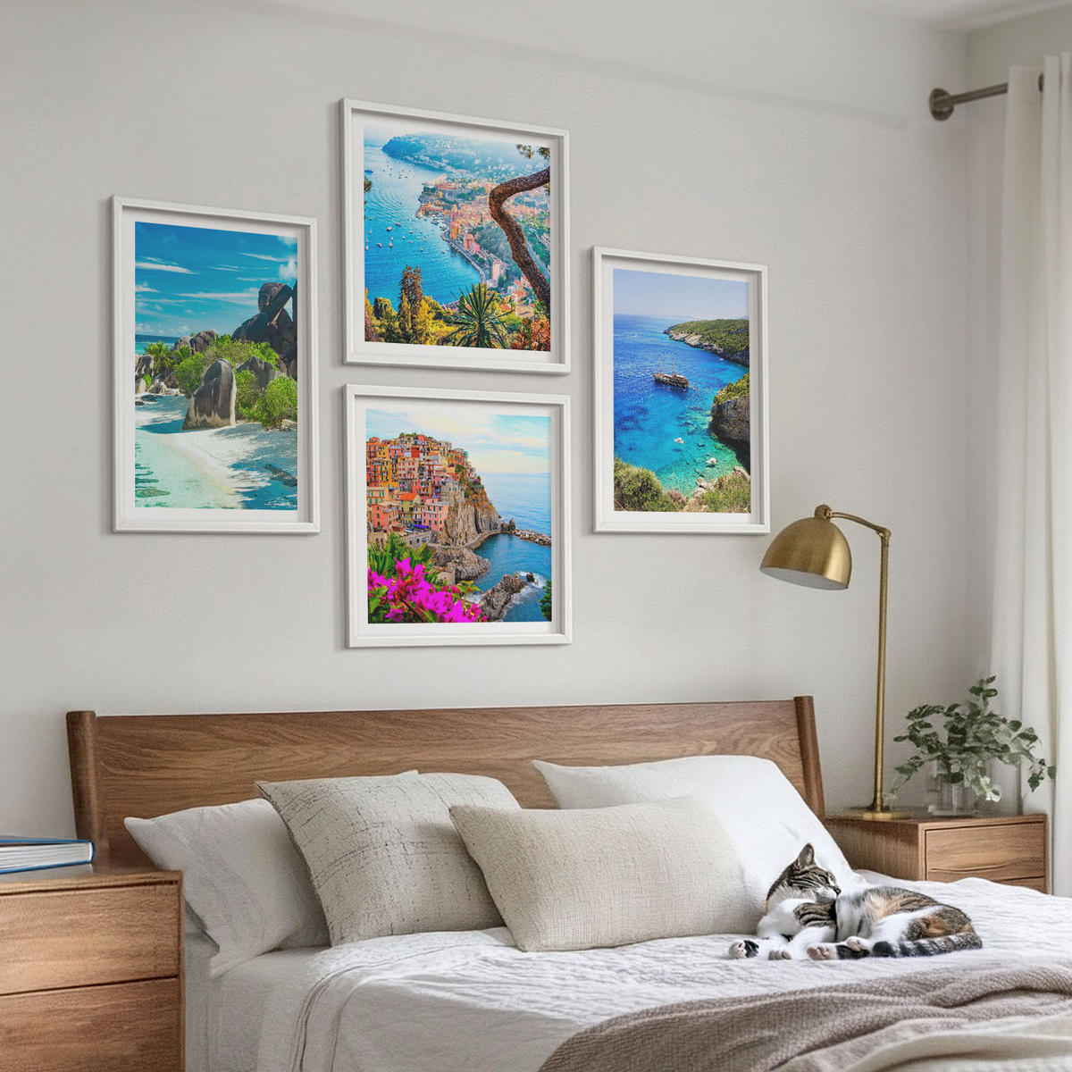 BILDER SET 4er Set - 50x50 cm & 40x60 cm Weißer Rahmen - Palmen am Meer, blaues Wasser - Weiß, Kunststoff (50/50cm) - TULUP