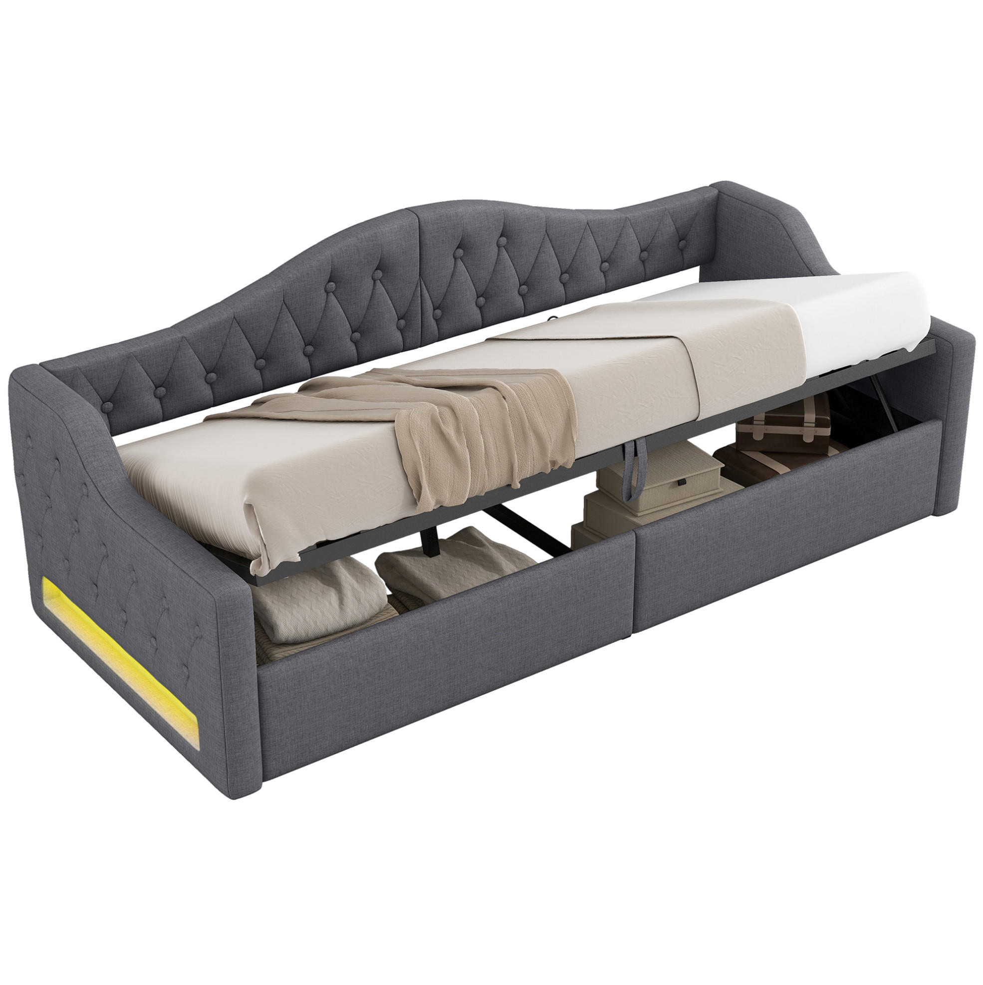 POLSTERBETT 90/200 cm aus MDF und Sperrholz mit Leinenbezug LED-Beleuchtung und Stauraum Grau - Grau, Holzwerkstoff (90/200cm) - Modenvie