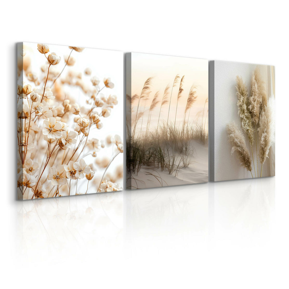 LEINWANDBILDER 3-es Set Blumen Strand 3D - Beige/Weiß, Textil (90/40cm) - Muralo
