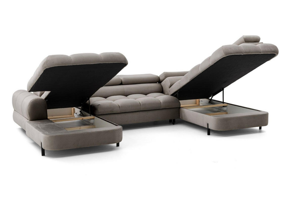 ECKSOFA U-Form BOWL U Rechts mit Schlaffunktion 125x265 Velours Beige - Beige/Schwarz, Holz/Textil (195/90/339cm) - Muffo