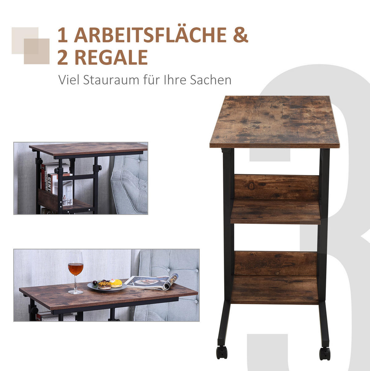 BEISTELLTISCH 80/40/72-82 cm höhenverstellbar mit Rollen und 3 Ablagen, Braun - Braun, Metall (80/40/82cm) - Redom