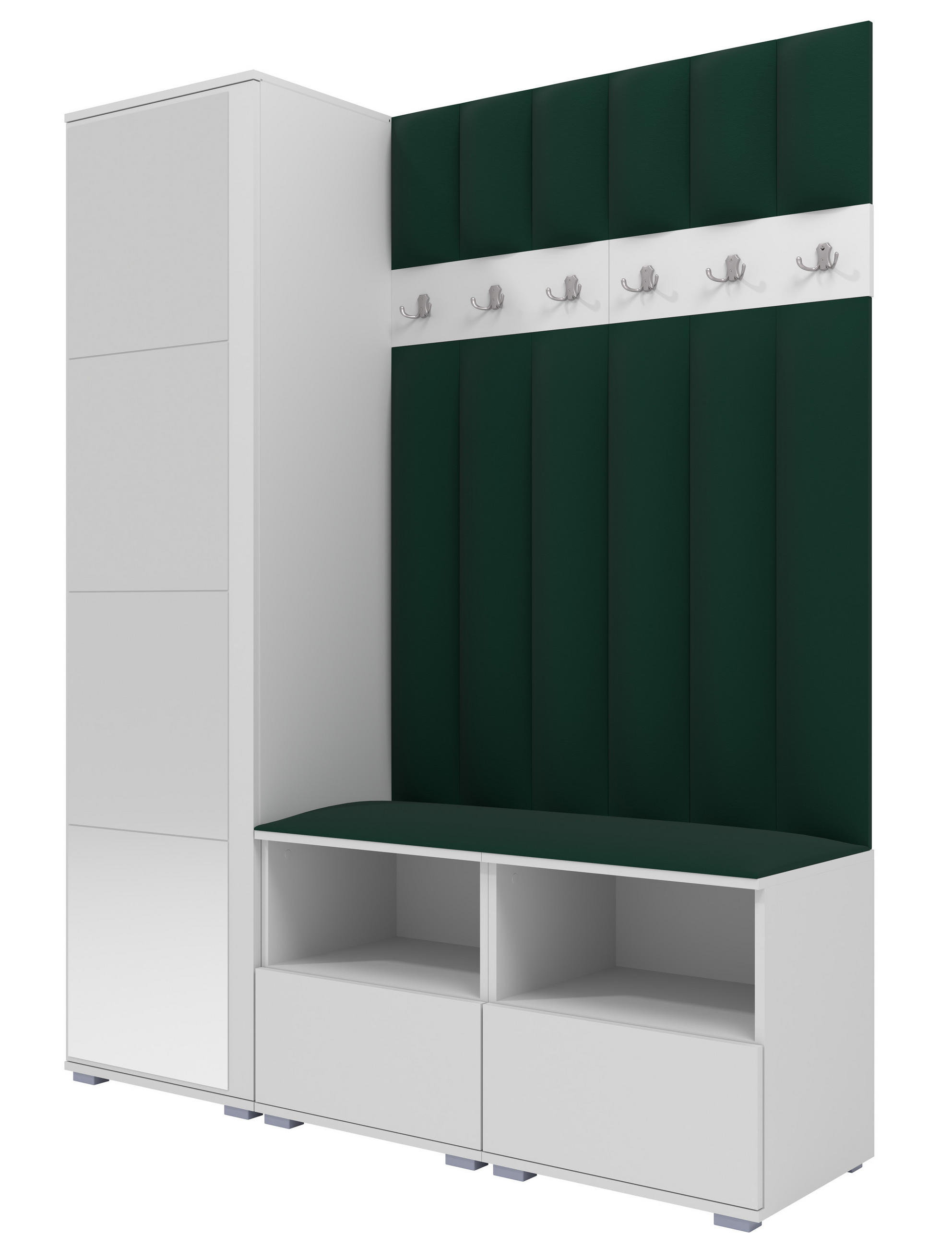 GEPOLSTERT Garderoben-Set Nela II LUX (Spiegel – Farbe Weiß + Stoff Trinity 28) - Dunkelgrün/Silberfarben, Holz/Holzwerkstoff (150/187/40cm) - Ravio