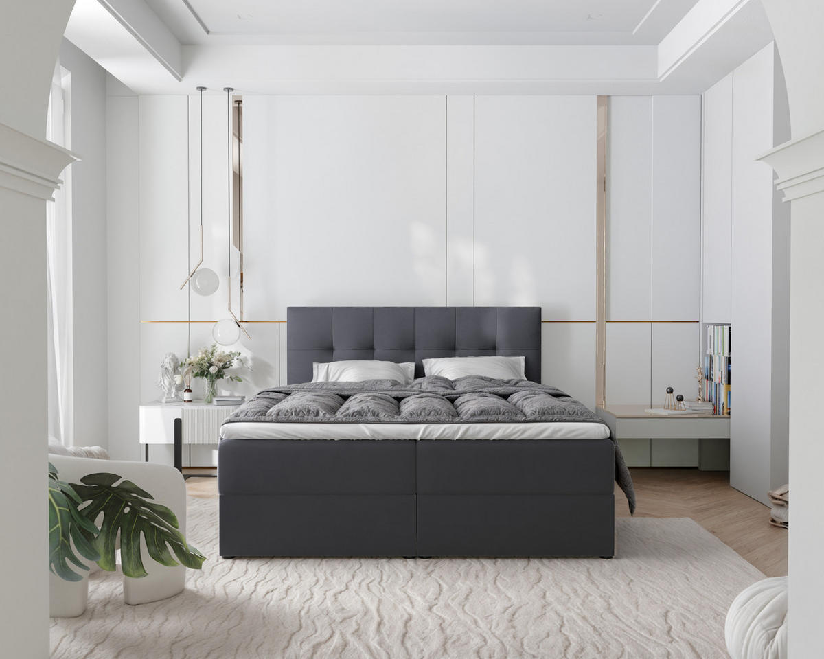 BOXBETT RENZO 200/200 cm mit Matratze und Topper, Dunkelgrau - Dunkelgrau, Holzwerkstoff/Textil (200/200cm) - Idohome