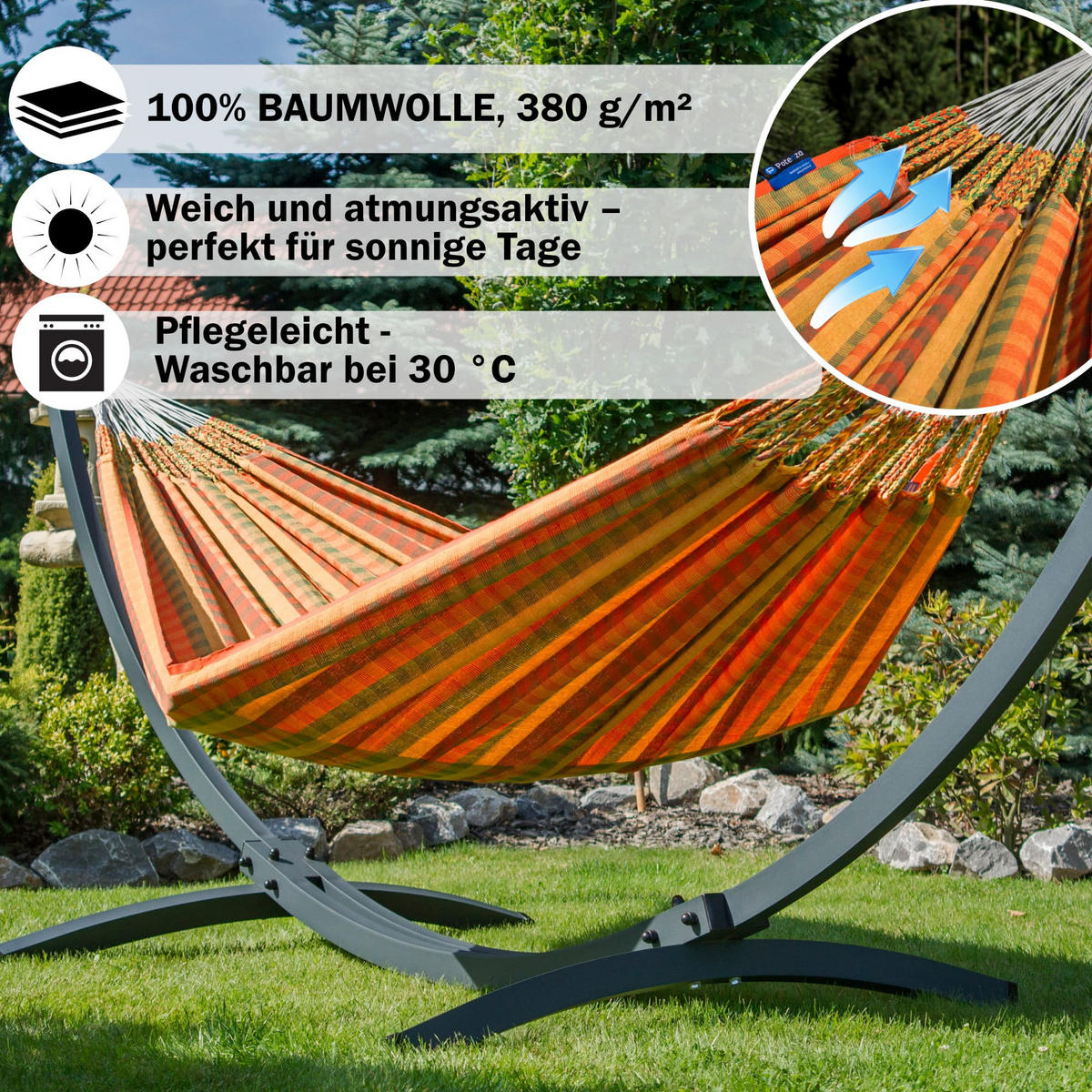 HÄNGEMATTE mit Gestell, 2 Personen, XXL, 200 kg, Metall, Morena Orange, einfache Montage - Orange, Metall (370/130/120cm) - Potenza