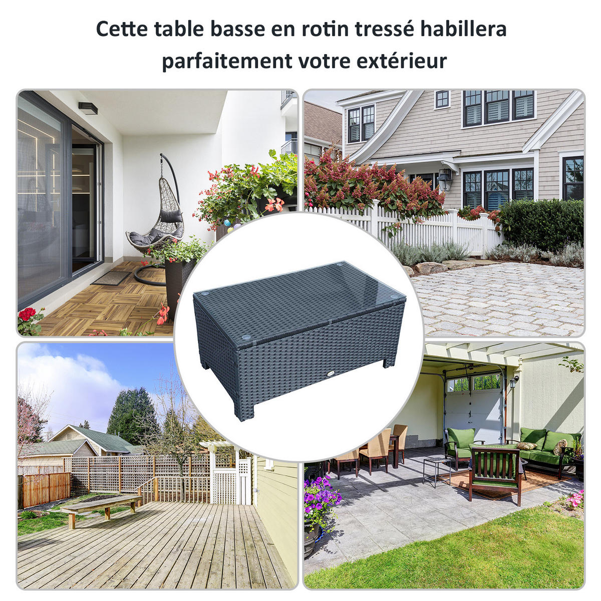 GARTENBEISTELLTISCH DE-13553 mit Geflecht und Glasplatte Schwarz - Schwarz, Metall (85/50/39cm) - ComfortXL