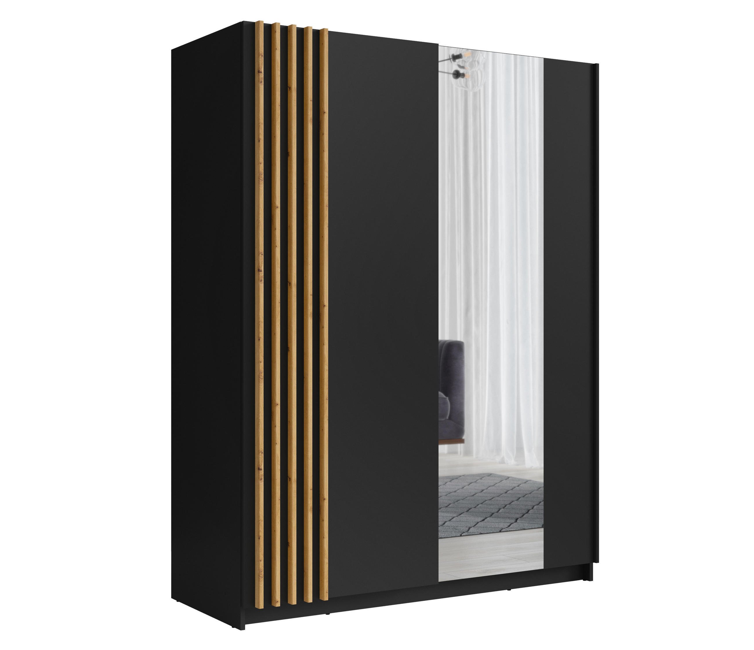 KLEIDERSCHRANK Beralto Schwarz 150/198,5/63,5 cm – mit Spiegel und Lamellenfront - Schwarz, Holzwerkstoff (150/198.5/63.5cm) - AX Living