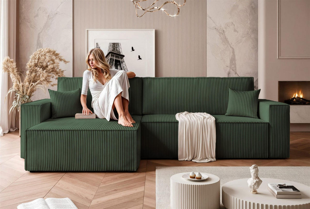 ECKSOFA Adara Max Mit Schlaffunktion - Grün, Holzwerkstoff/Textil (276/145cm) - Fun Möbel