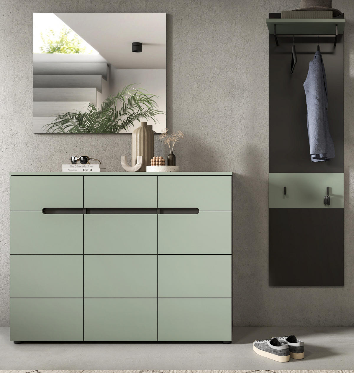 GARDEROBE-SET Salbei und grau, Garderobe 3-teilig, 180 x 190 cm, Soft-Close, Cooper - Salbeigrün/Dunkelgrau, Holzwerkstoff/Kunststoff (180/190/37cm) - Inn.Furn