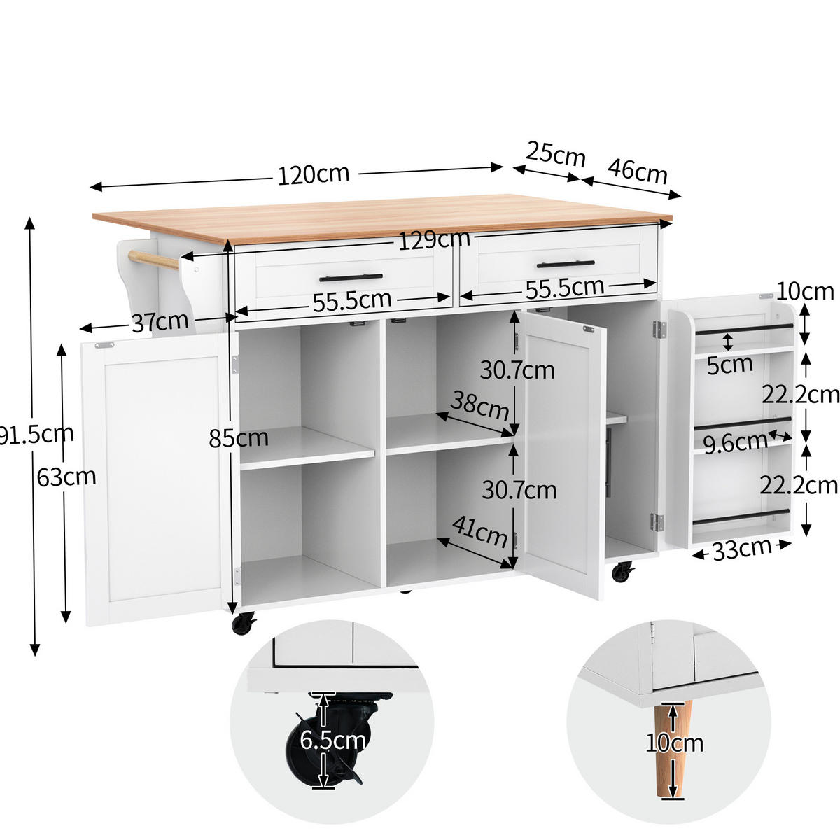 KÜCHENINSEL aus MDF 129x46x91,5 cm Weiß mit klappbarer Arbeitsplatte, Stauraum, Rädern und wechselbaren Massivholzfüßen - Weiß, Holzwerkstoff (120/91.5/46cm) - Modfu