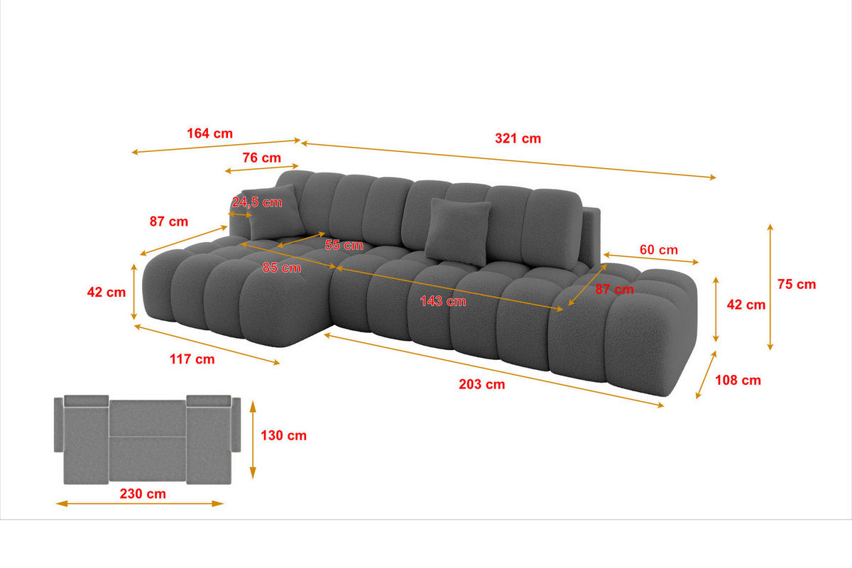 ECKSOFA mit Schlaffunktion Ottomane Links OLEA-L2 321x164x75 Grau Bouclé - Schwarz/Grau, Holzwerkstoff/Kunststoff (321/164cm) - ALTDECOR