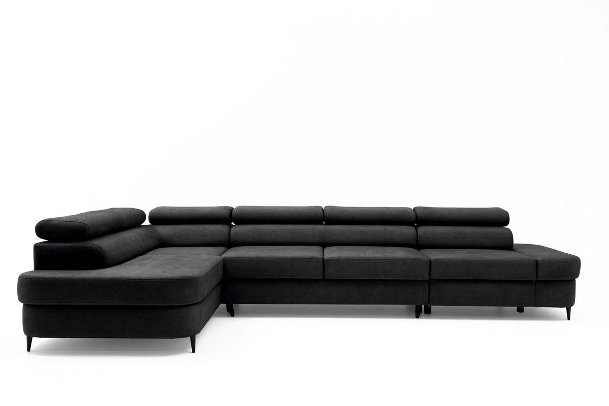 ECKSOFA PRIAM MAXI L-Form mit Schlaffunktion & Bettkasten, 6-Sitzer, 350cm, Verstellbare Kopfstützen, Ottomane Links - Anthrazit, Holz/Textil (350/203cm) - Muffo