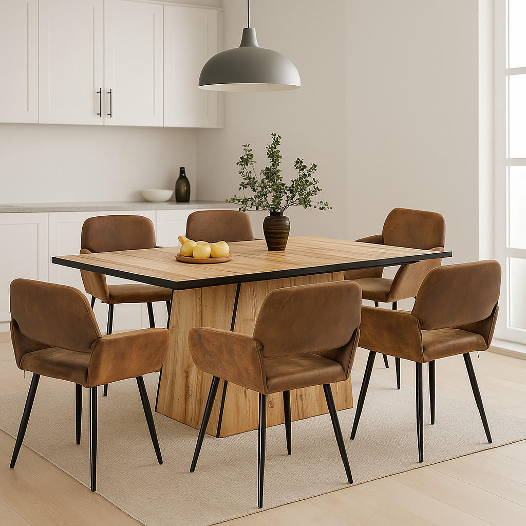 ESSTISCH SET mit 1 Tisch und 6 Stühlen im Retro-Stil - Braun, Holzwerkstoff/Textil (138.5/75/80cm) - Urban Meuble