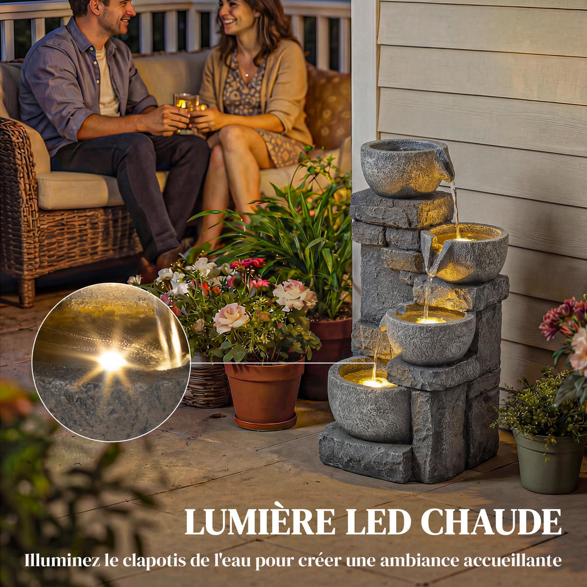 GARTENBRUNNEN DE-18872 4-stufige Kaskade mit LED Grau - Grau, Kunststoff (28/25/54.5cm) - ComfortXL