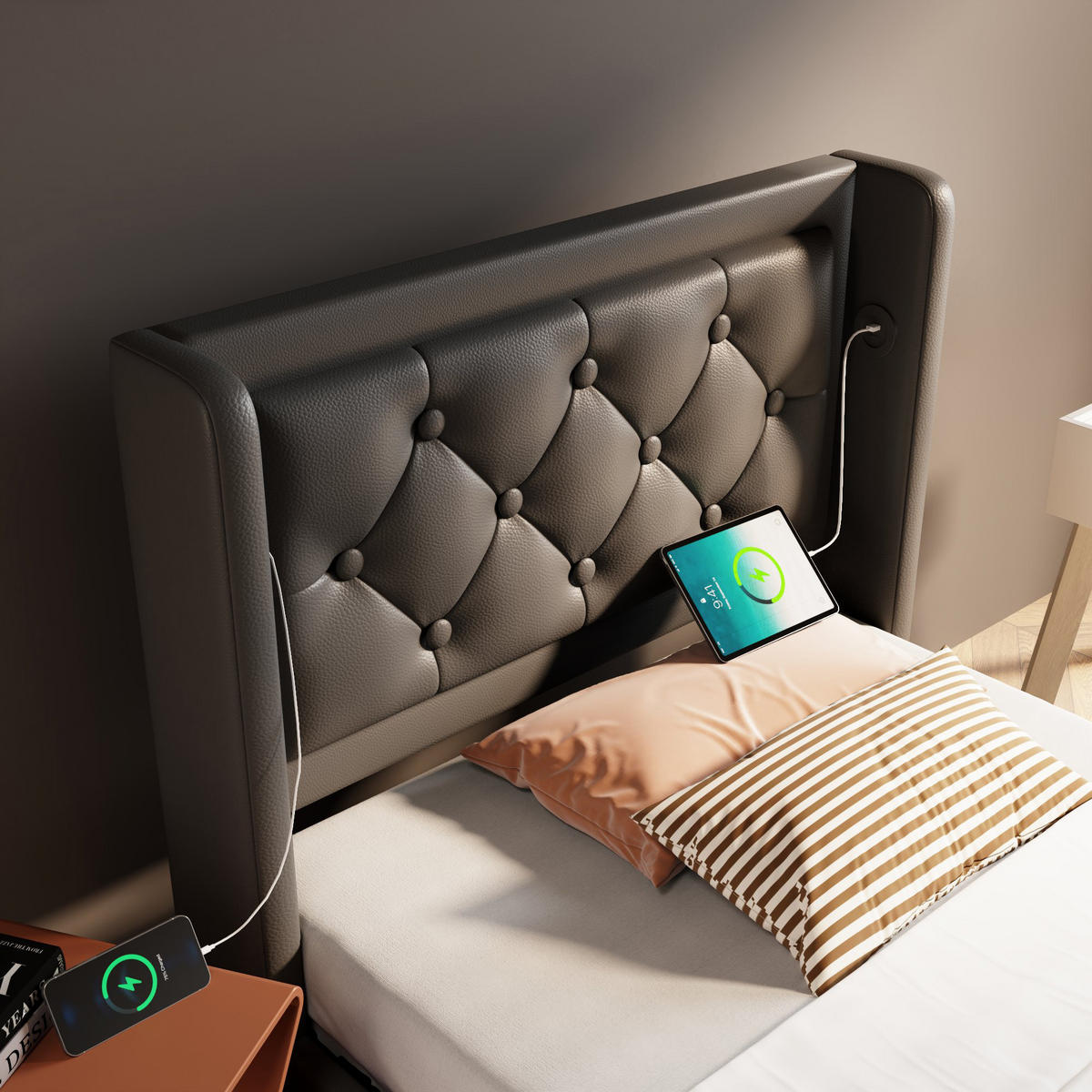 POLSTERBETT 90/200 cm Schwarz PU mit USB- und Type-C-Anschlüssen und 3-seitiger LED-Beleuchtung - Schwarz, Kunststoff (90/200cm) - OKWISH