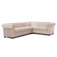 ECKSOFA Chesterfield Cleo Blink Beige Samt mit Kristallsteppung und braunen Massivholzfüßen - Ottomane Rechts - Beige/Braun, Holz/Textil (264/210cm) - S-Style Möbel