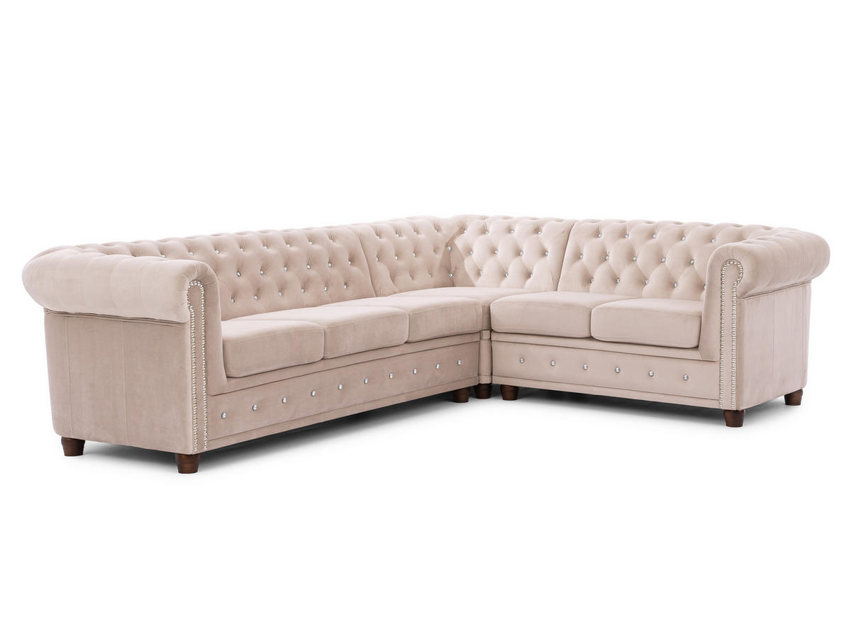 ECKSOFA Chesterfield Cleo Blink Beige Samt mit Kristallsteppung und braunen Massivholzfüßen - Ottomane Rechts - Beige/Braun, Holz/Textil (264/210cm) - S-Style Möbel