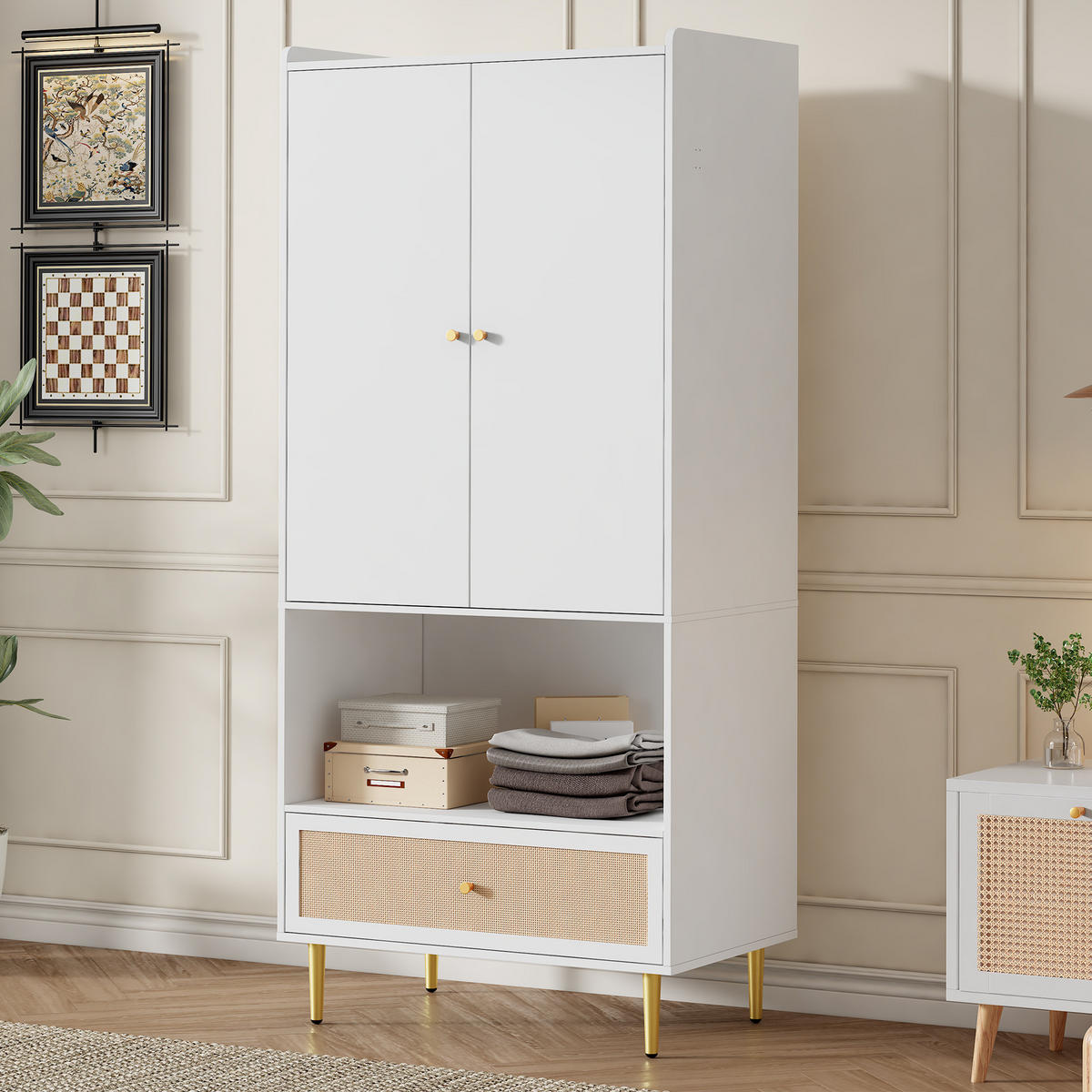 KLEIDERSCHRANK 80/175/48 cm Weiß/Natur aus Spanplatte mit PE-Rattan-Front - Weiß, Holzwerkstoff (48/175/80cm) - OKMYHOME