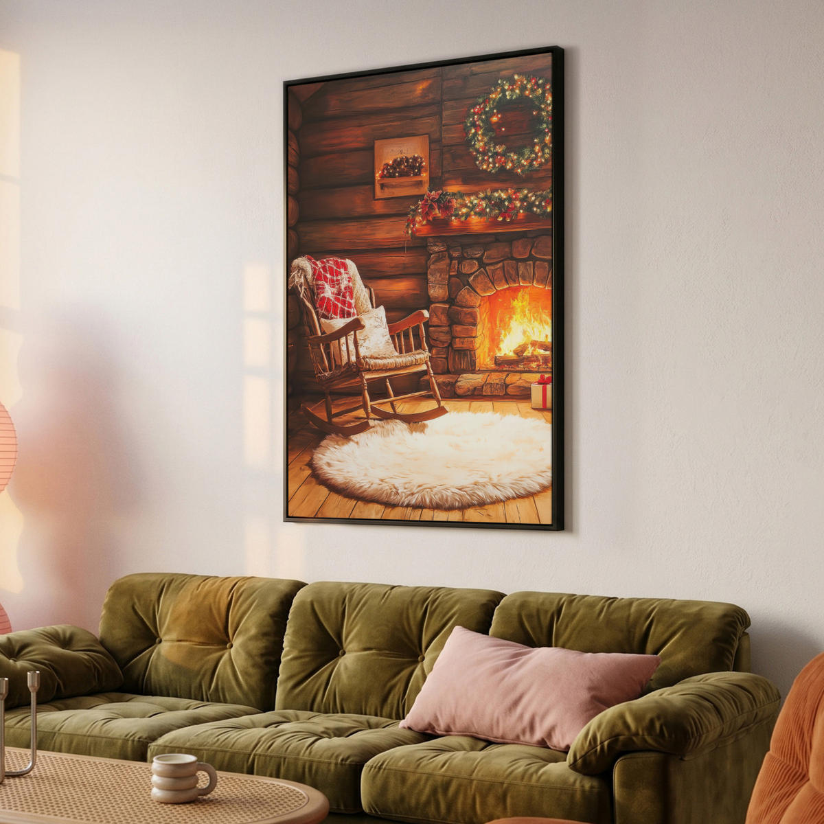 LEINWAND Bilder mit Rahmen - Winter - Weihnachten - Zuhause - Kamin - 80x120 - Bernsteinfarben, Textil (80/120cm) - MuchoWow