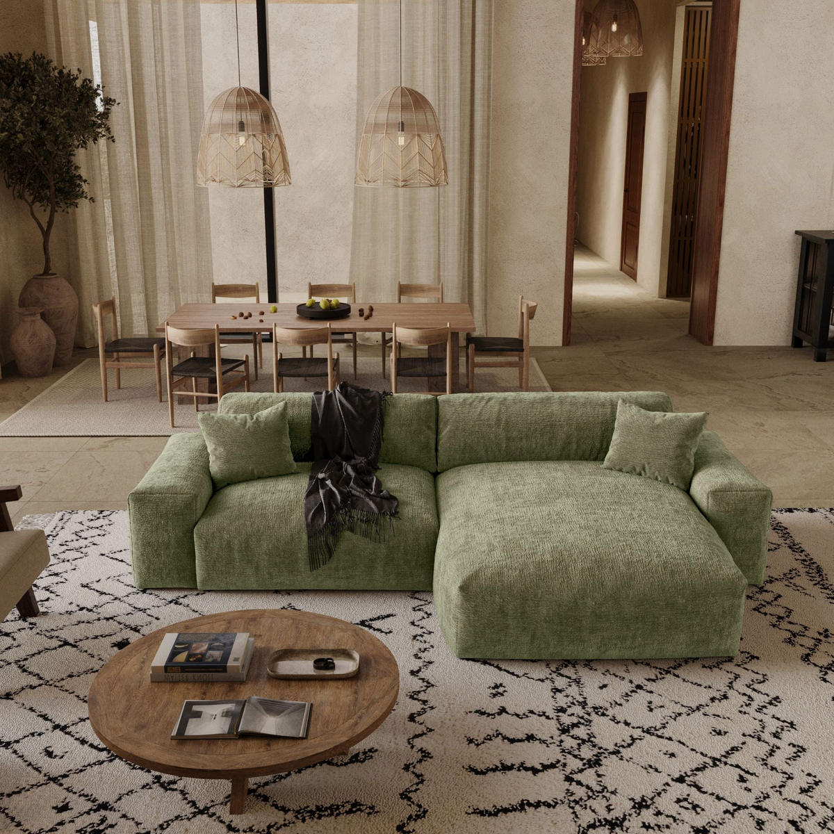 ECKSOFA rechtwinklig CHEER Geprägter Samt Vintage-Grün 312cm - Dunkelgrün/Grün, Textil (312/167cm) - Premium Interiors