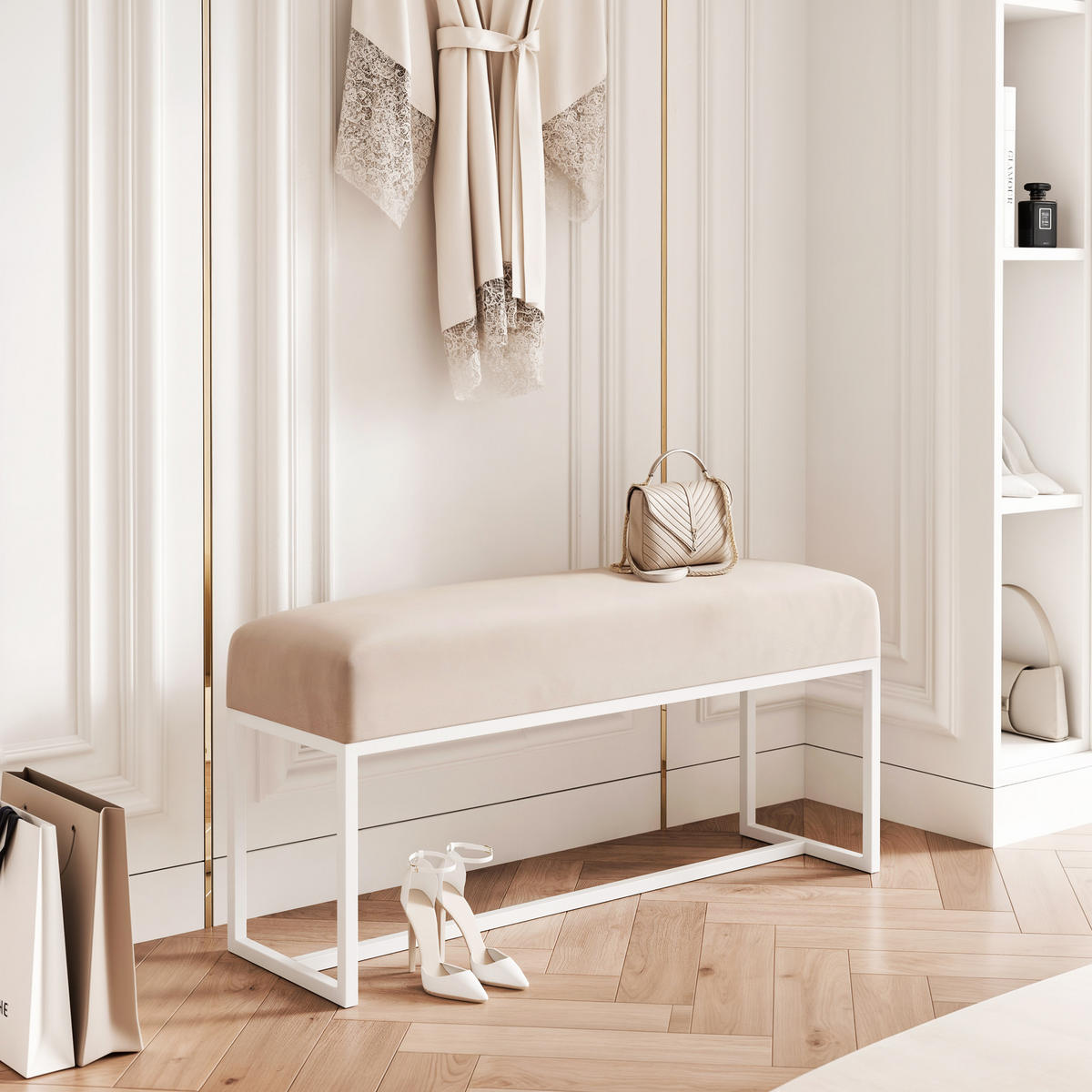 POLSTERBANK MUSE 90 cm Weiß / Beige ,Metallgestell - Beige, Metall (90/47/30cm) - Idohome
