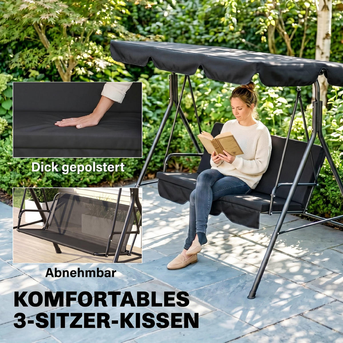 HOLLYWOODSCHAUKEL Schwarz 3-Sitzer 172/110/153 cm - Schwarz, Metall (172/153/110cm) - PANGIVO