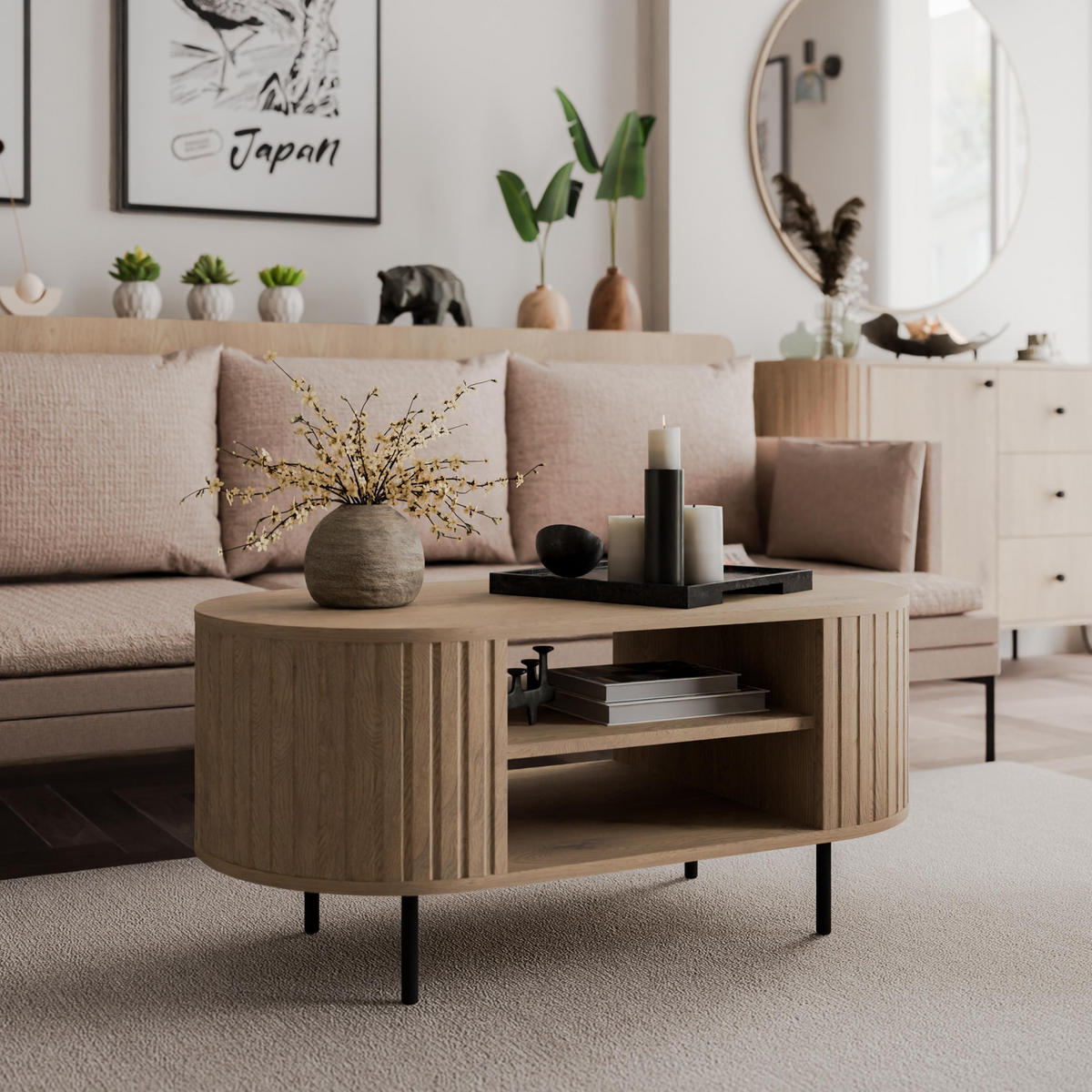 COUCHTISCH Halay Eiche Cremona, Moderne Rillenstruktur 100 cm, mit runden Kanten - Eichefarben/Schwarz, Holzwerkstoff/Metall (45/100/52cm) - AX Living