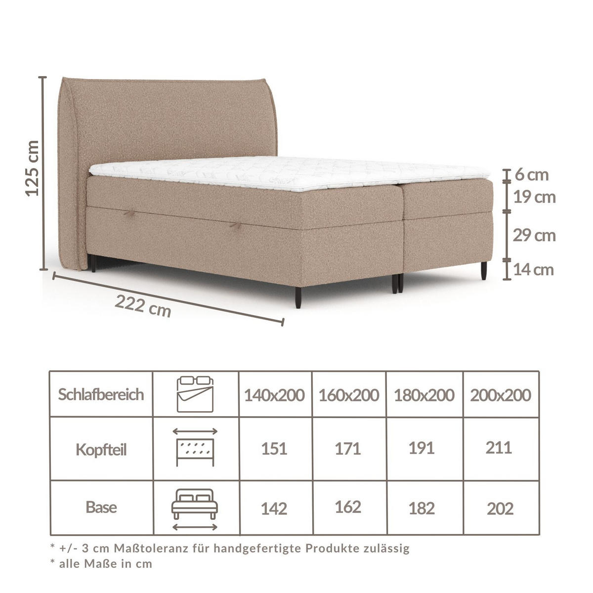 BOXBETT 200/200 cm Corvus, in Hellbeige, Matratze, Topper, Bettkasten, H4 = sehr fest - Creme/Schwarz, Holz/Holzwerkstoff (200/200cm) - Maison de Reve