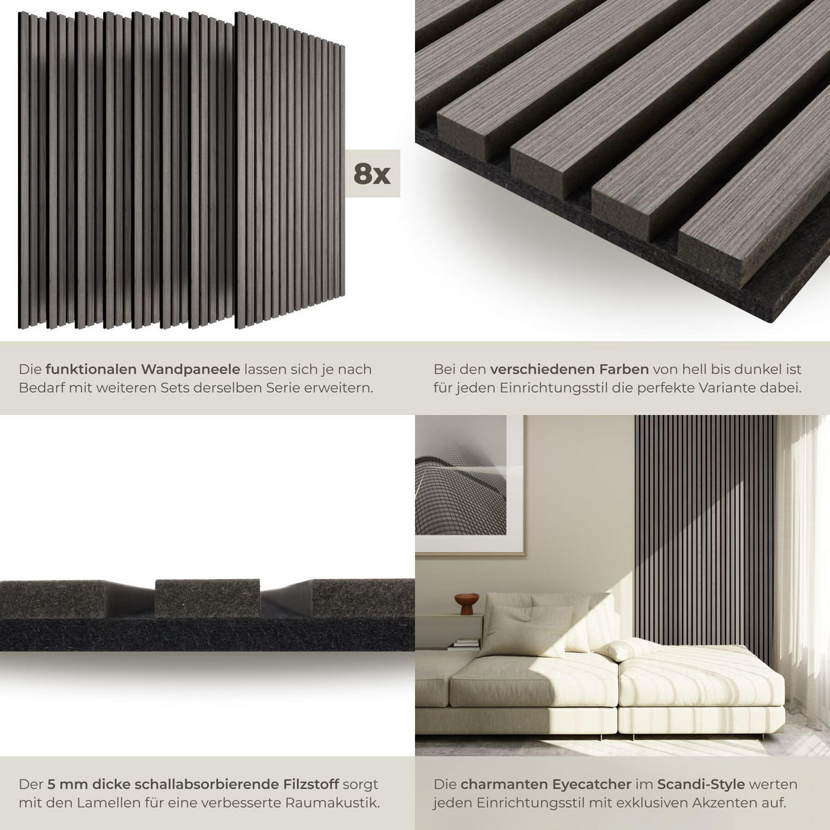 AKUSTIKPANEELE 8er Set Sonic Wall Iv, je 110 x 50 x 1,1 cm, Größe flexibel anpassbar, Eiche hellgrau - Eichefarben/Hellgrau, Holz (50/1.1/110cm) - tectake