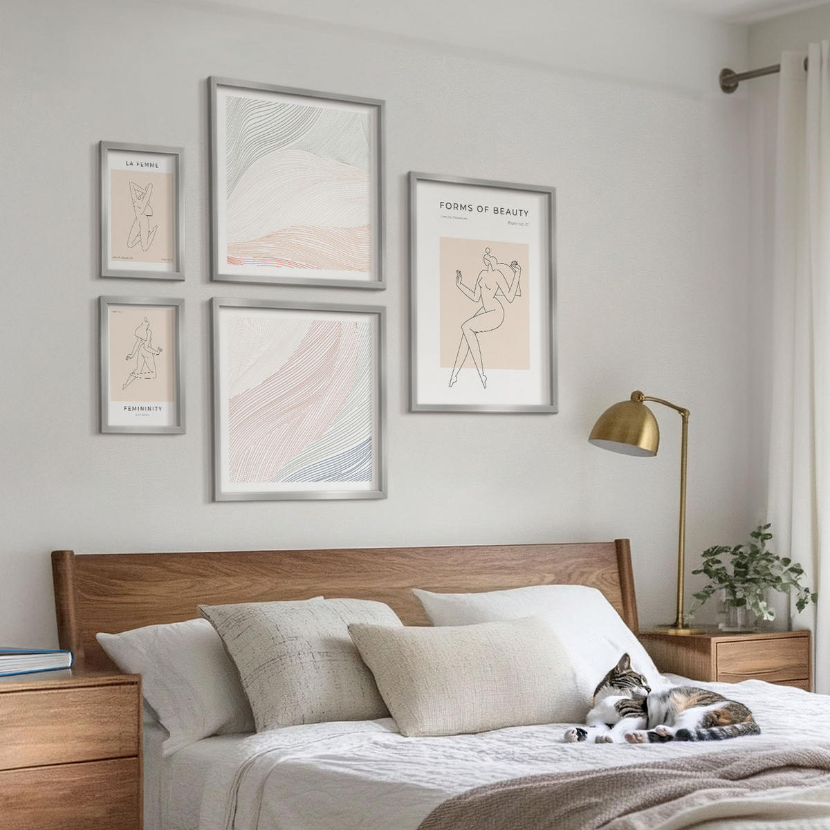 WANDBILDER 5er Set - 50x50 cm & 20x30 cm & 40x60 cm Silberner Rahmen - Weibliche Silhouetten auf Plakaten - Silberfarben, Kunststoff (40/60cm) - ArtPrintCave